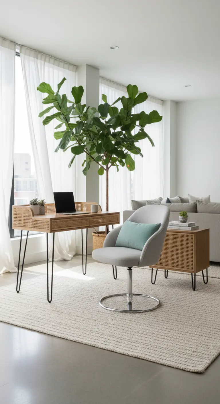 Scrivania in rattan con gambe a spillo in un soggiorno moderno e luminoso.