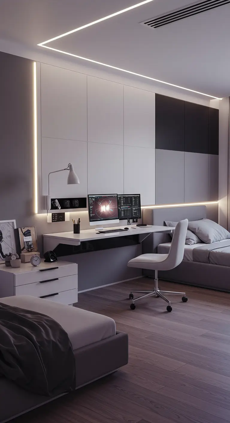 Postazione di lavoro high-tech con scrivania bianca sospesa e illuminazione a LED integrata.