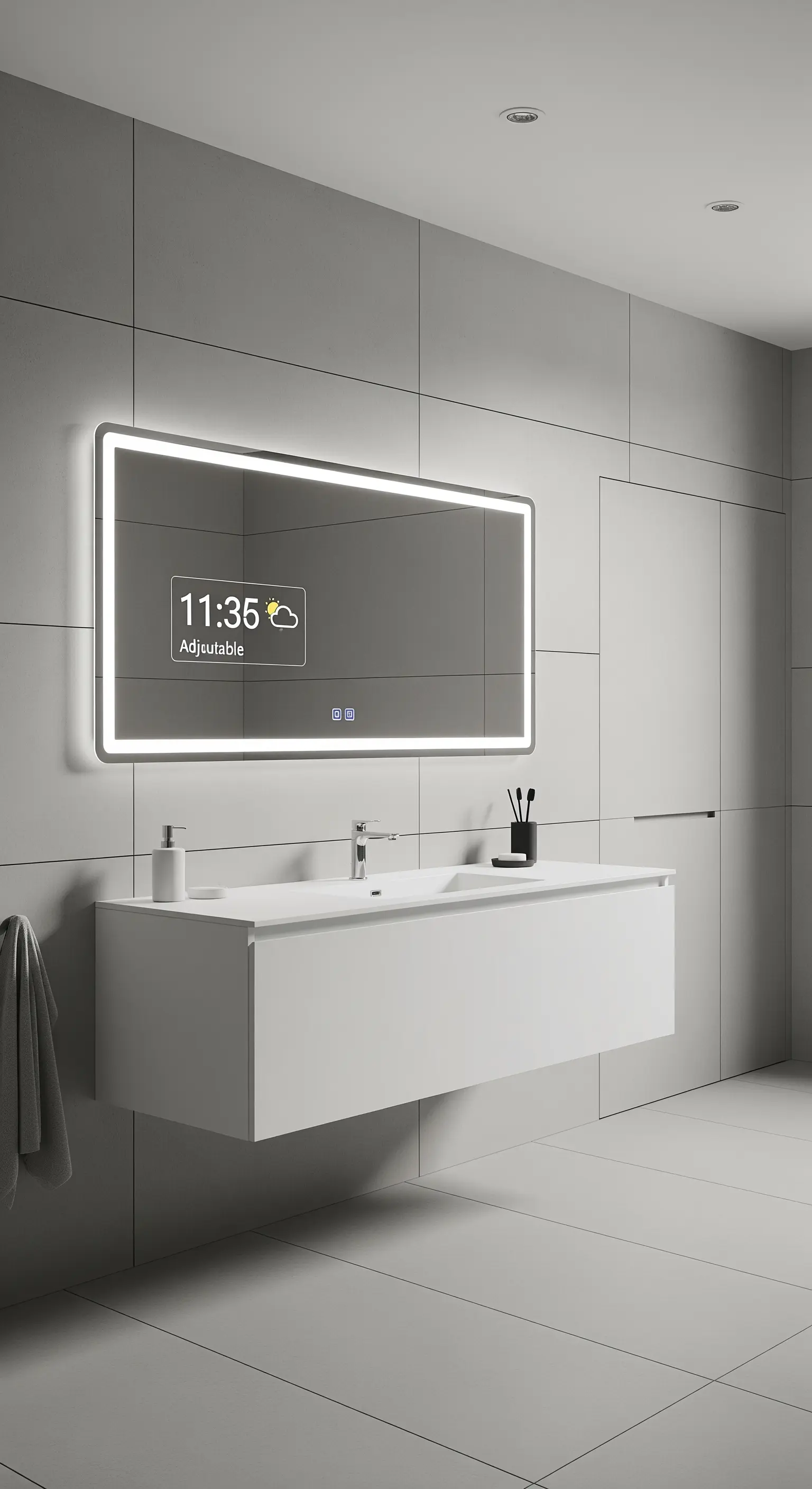 Bagno moderno con mobile sospeso bianco e grande specchio smart retroilluminato.