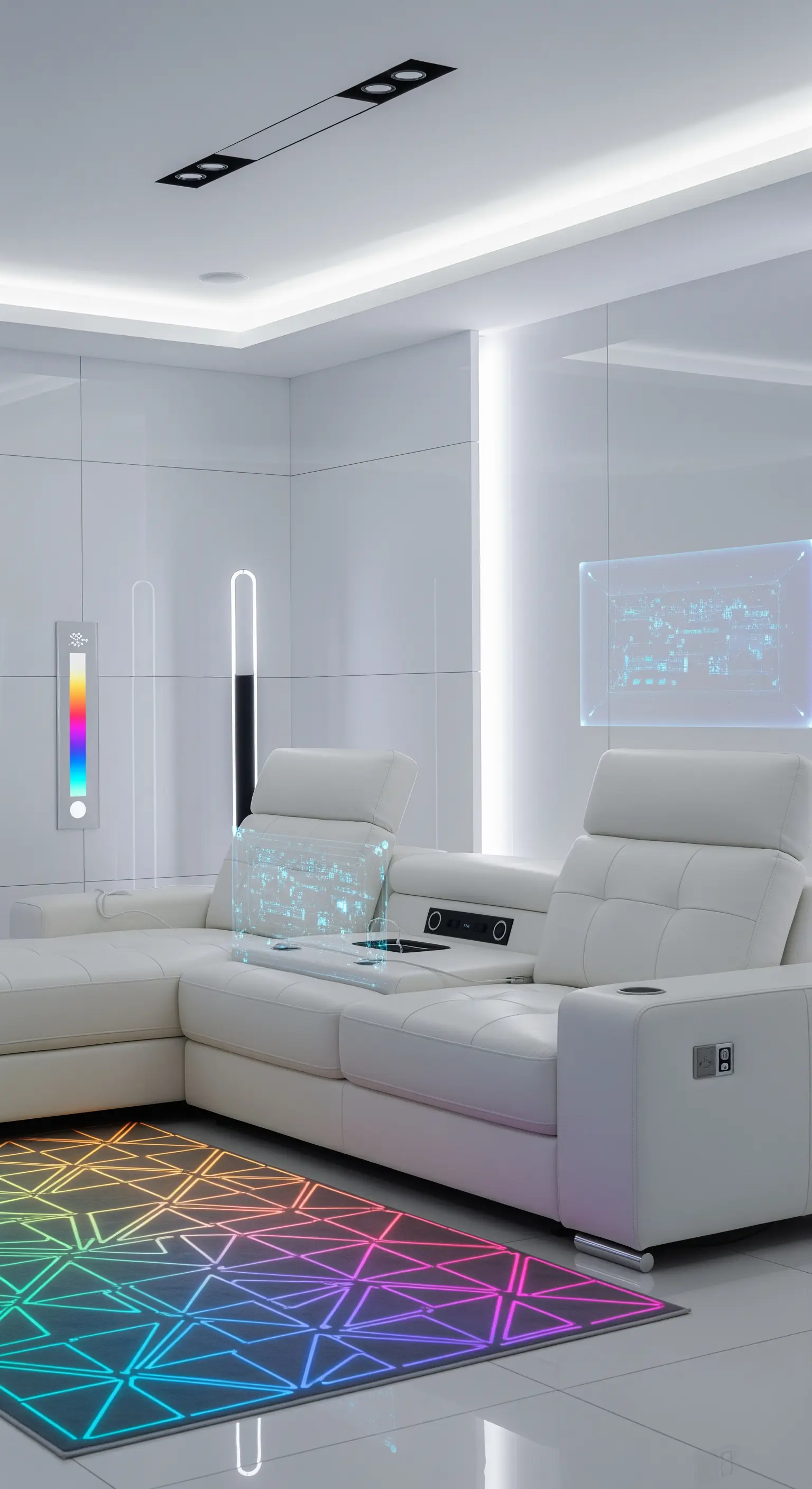 Salotto futuristico con divano bianco tecnologico e un tappeto con pattern geometrico a LED colorati.