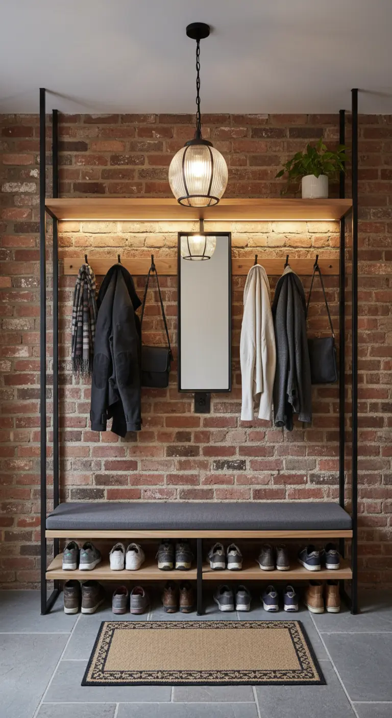 Sistema d'ingresso integrato con panca, appendiabiti e luce a LED.