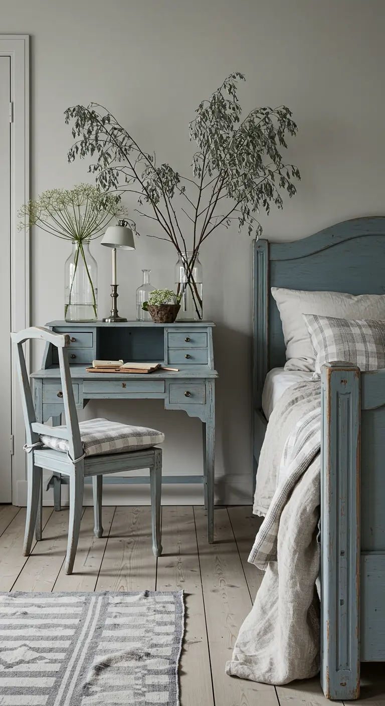 Angolo studio in camera da letto con scrivania e sedia in stile shabby color azzurro polvere.