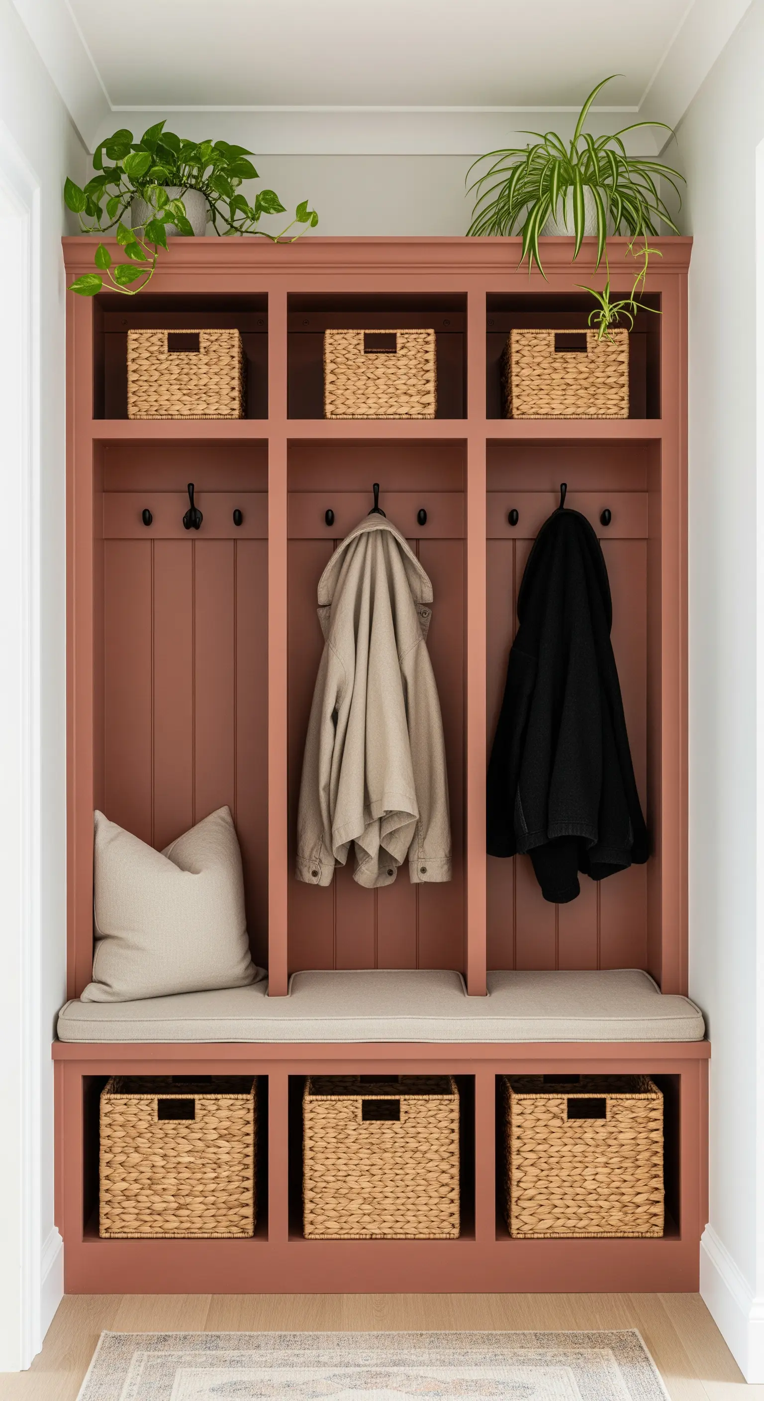 Mobile d'ingresso su misura color terracotta con scomparti, ganci, panca e cesti in vimini.