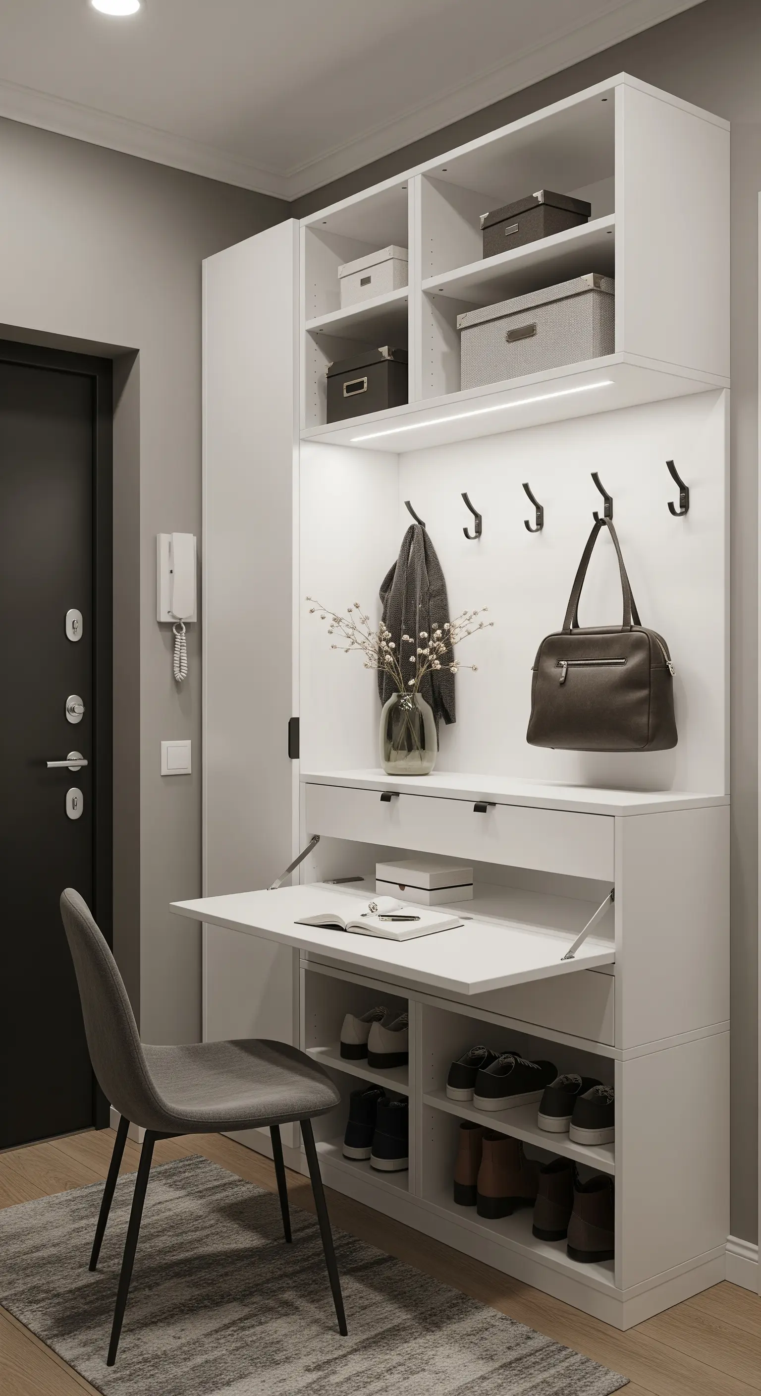 Mobile da ingresso bianco multifunzione con scrittoio a ribalta, ganci e scarpiera.