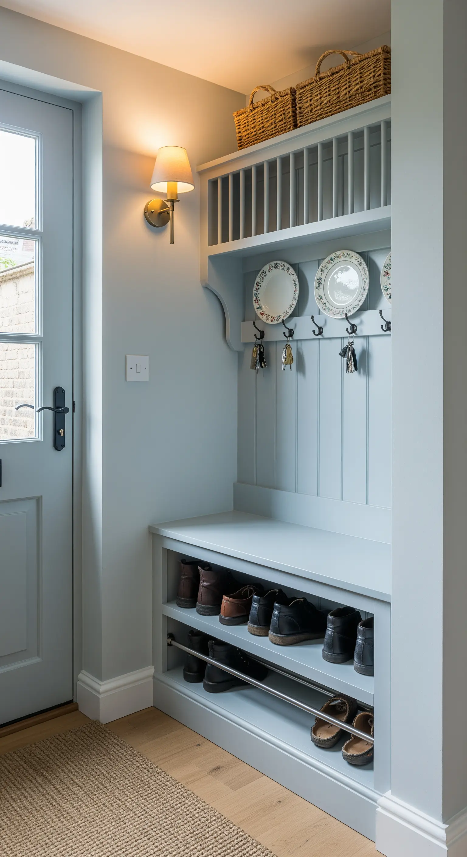 Mobile da ingresso azzurro polvere con scolapiatti decorativo, panca e scarpiera con barre in metallo.