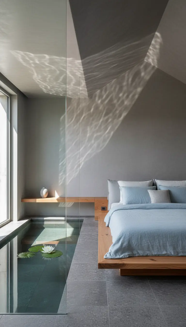 Letto basso in legno a fianco di una vasca d'acqua interna con una ninfea, separata da vetro.