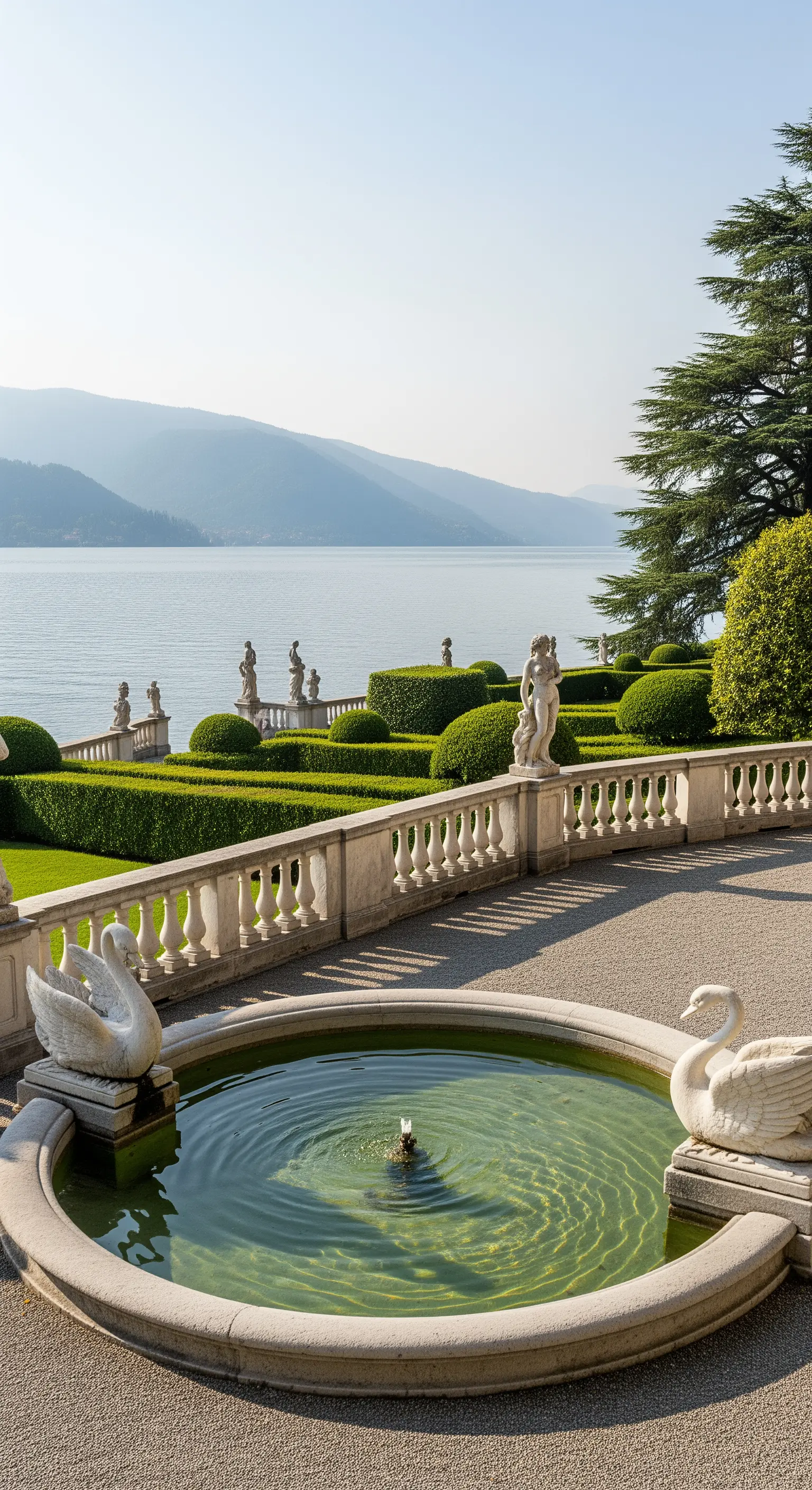 Terrazza sul lago con balaustra, siepi scolpite e fontana con statue di cigni.