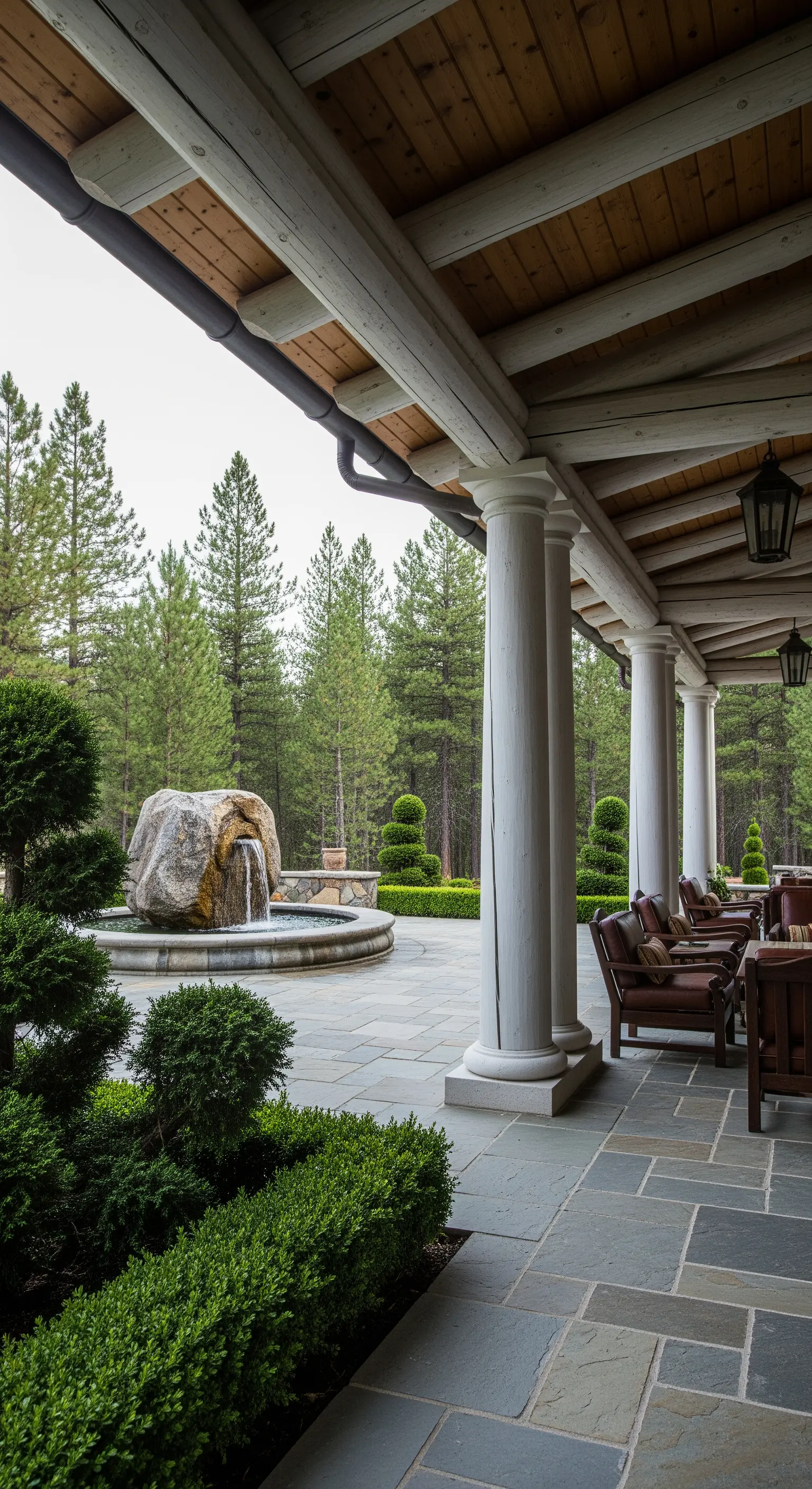 Patio di montagna con pavimento in ardesia, fontana-masso e vista su una foresta di pini.