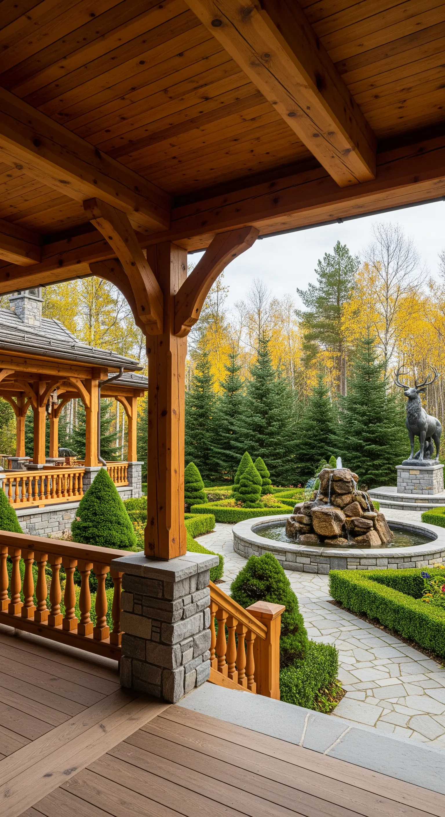 Veranda in legno e pietra con vista su un giardino con fontana e statua di un cervo.