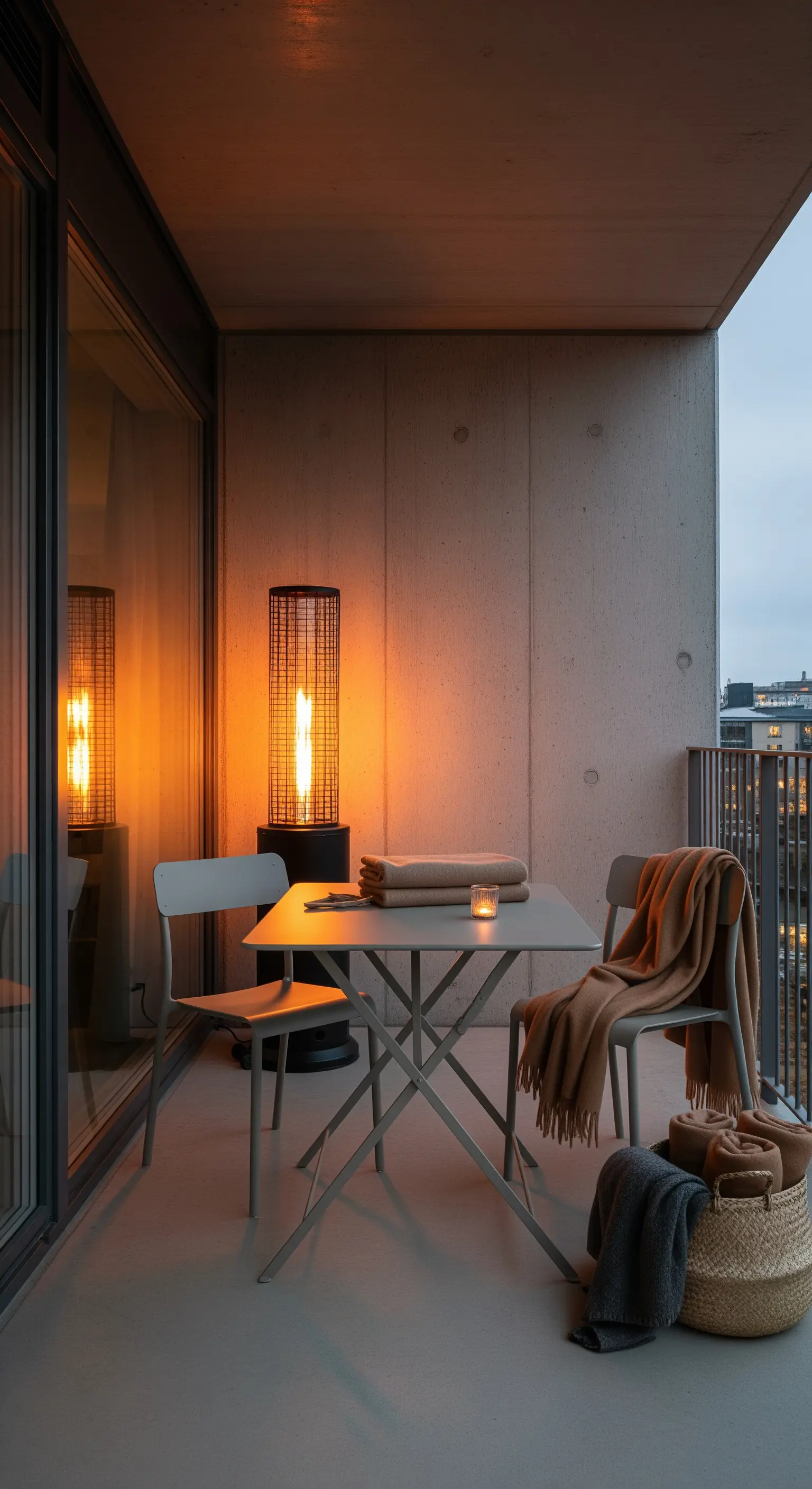 Balcone moderno con stufa a colonna, tavolo e sedie grigie e coperte color cammello.