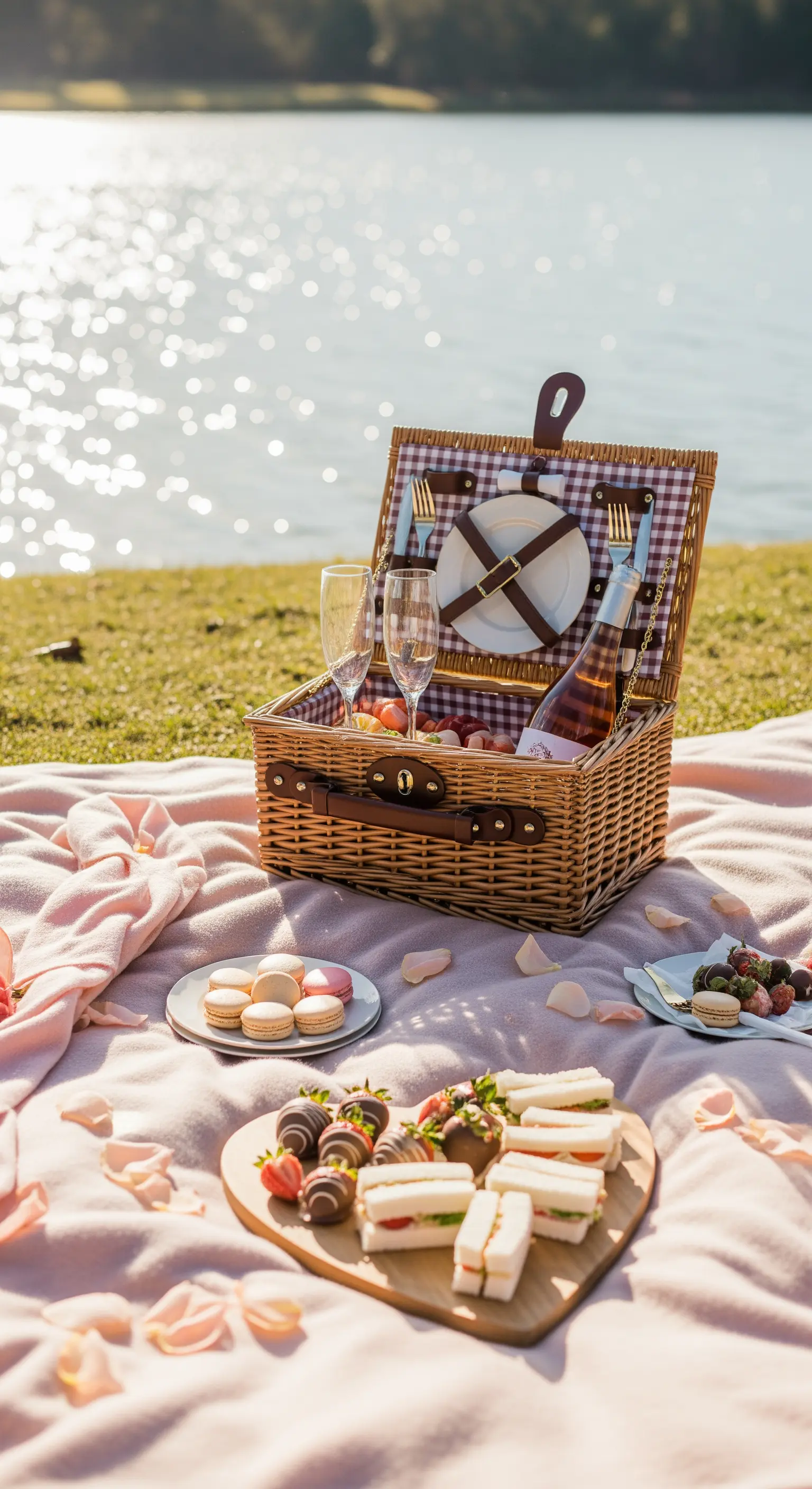 Picnic romantico in riva al lago con cesto di vimini, champagne, macarons e fragole.