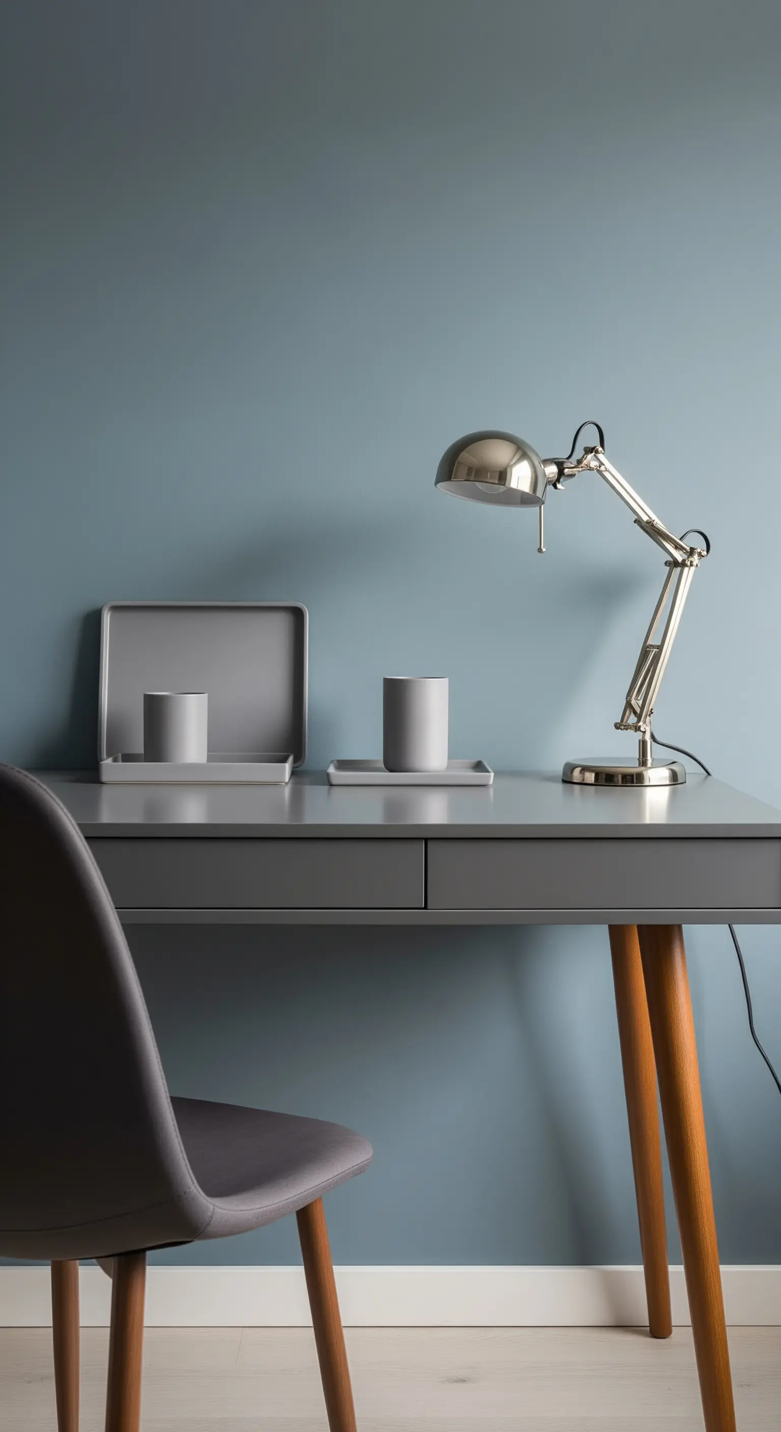 Scrivania grigia con lampada cromata e accessori coordinati, su parete blu ardesia.