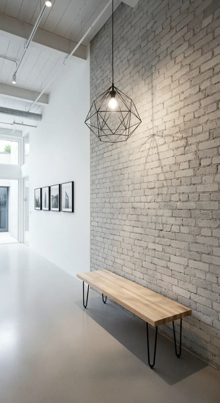 Parete di mattoni bianchi con panca in legno chiaro e lampada geometrica.