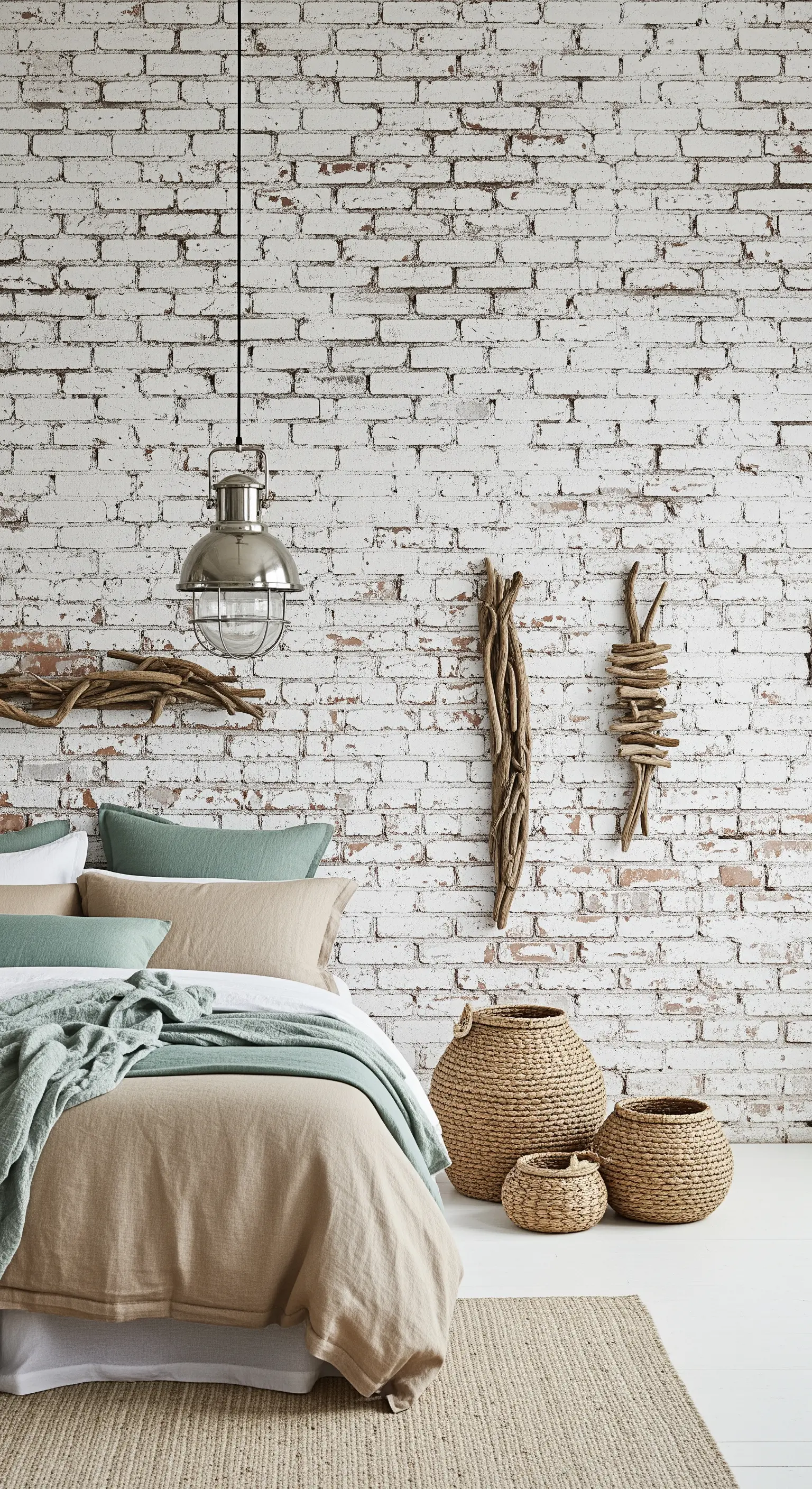 Camera da letto con parete di mattoni sbiancati, tessuti naturali e decorazioni in legno di deriva.
