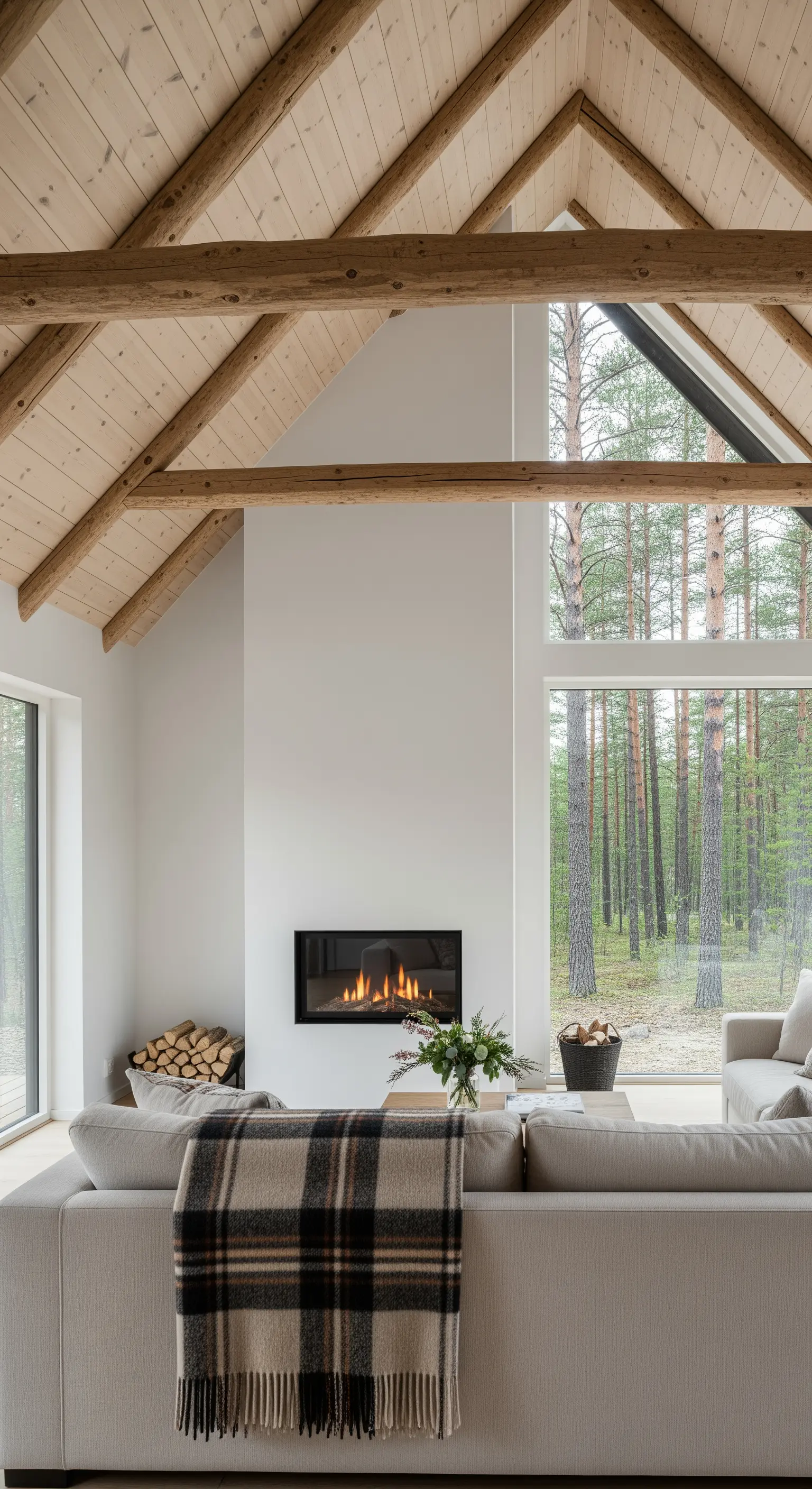 Salotto con soffitto alto e travi in legno a vista, camino moderno e grandi finestre.