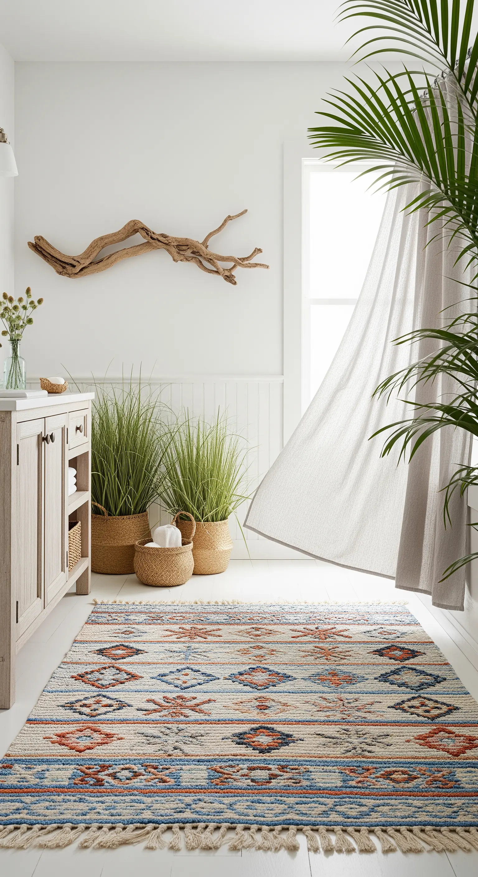 Bagno in stile coastal con mobile in legno chiaro e tappeto etnico dai colori tenui.