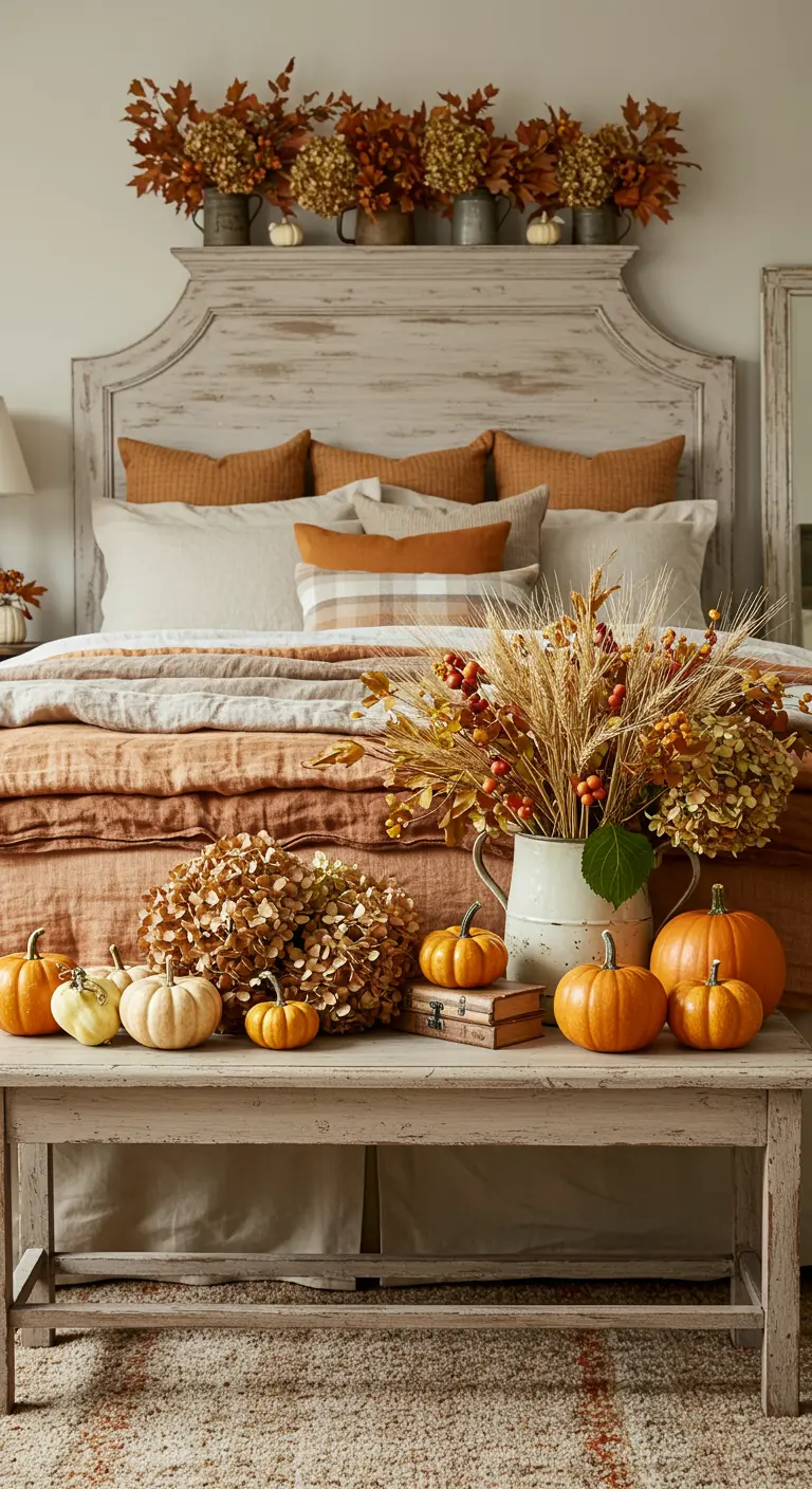 Camera da letto shabby chic con decorazioni autunnali: zucche, rami e ortensie secche.
