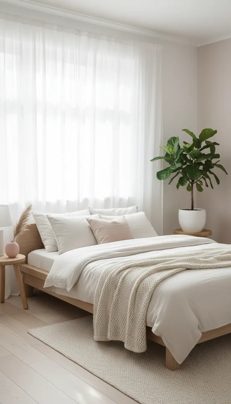 Letto basso in legno chiaro con tessuti bianchi, accanto a una pianta e a una grande finestra.