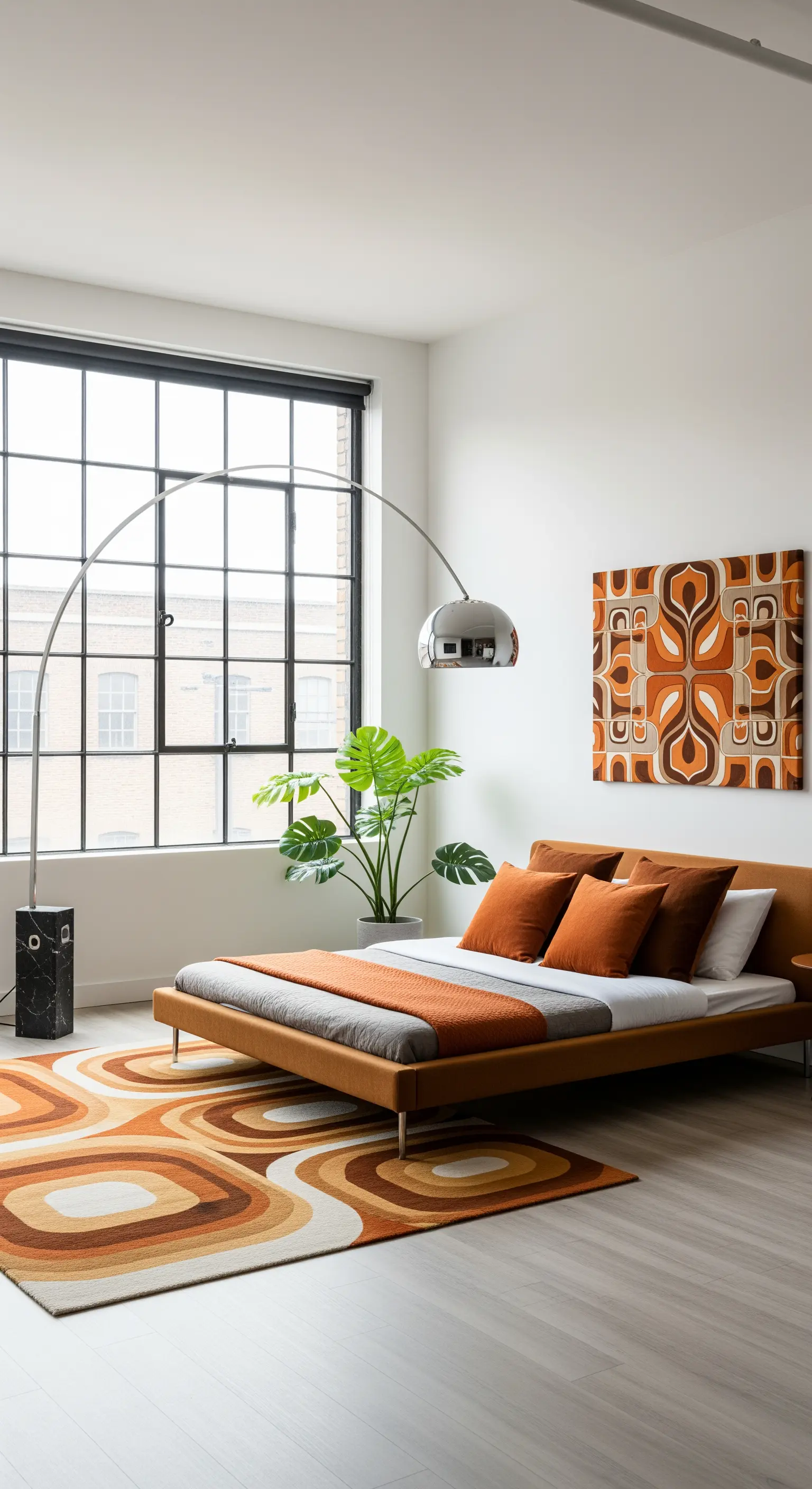 Stanza moderna con letto basso, lampada ad arco e tappeto con cerchi arancioni.