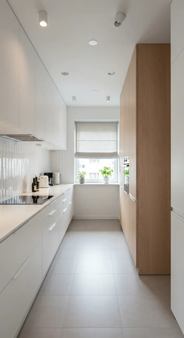 Cucina a corridoio con mobili bianchi e una colonna in legno per gli elettrodomestici.