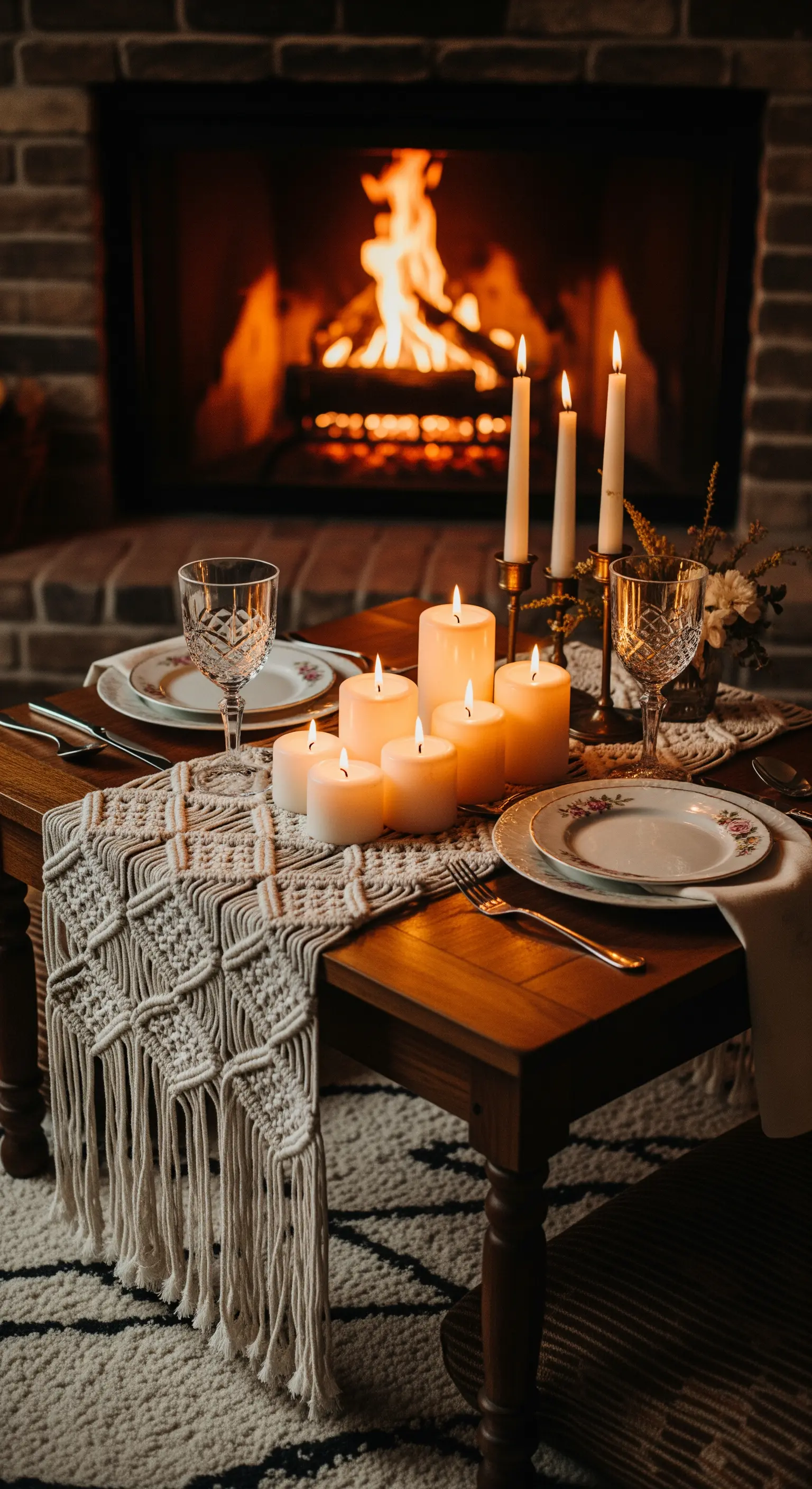 Tavola per due davanti a un camino acceso, con runner in macramè e candele bianche.