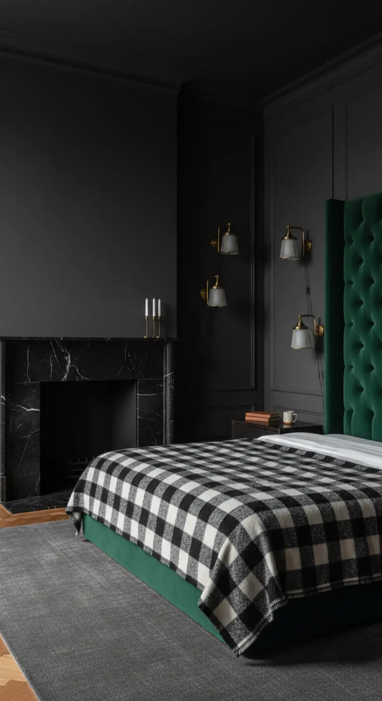 Camera da letto scura con pareti grigie, testiera in velluto verde e camino in marmo nero.