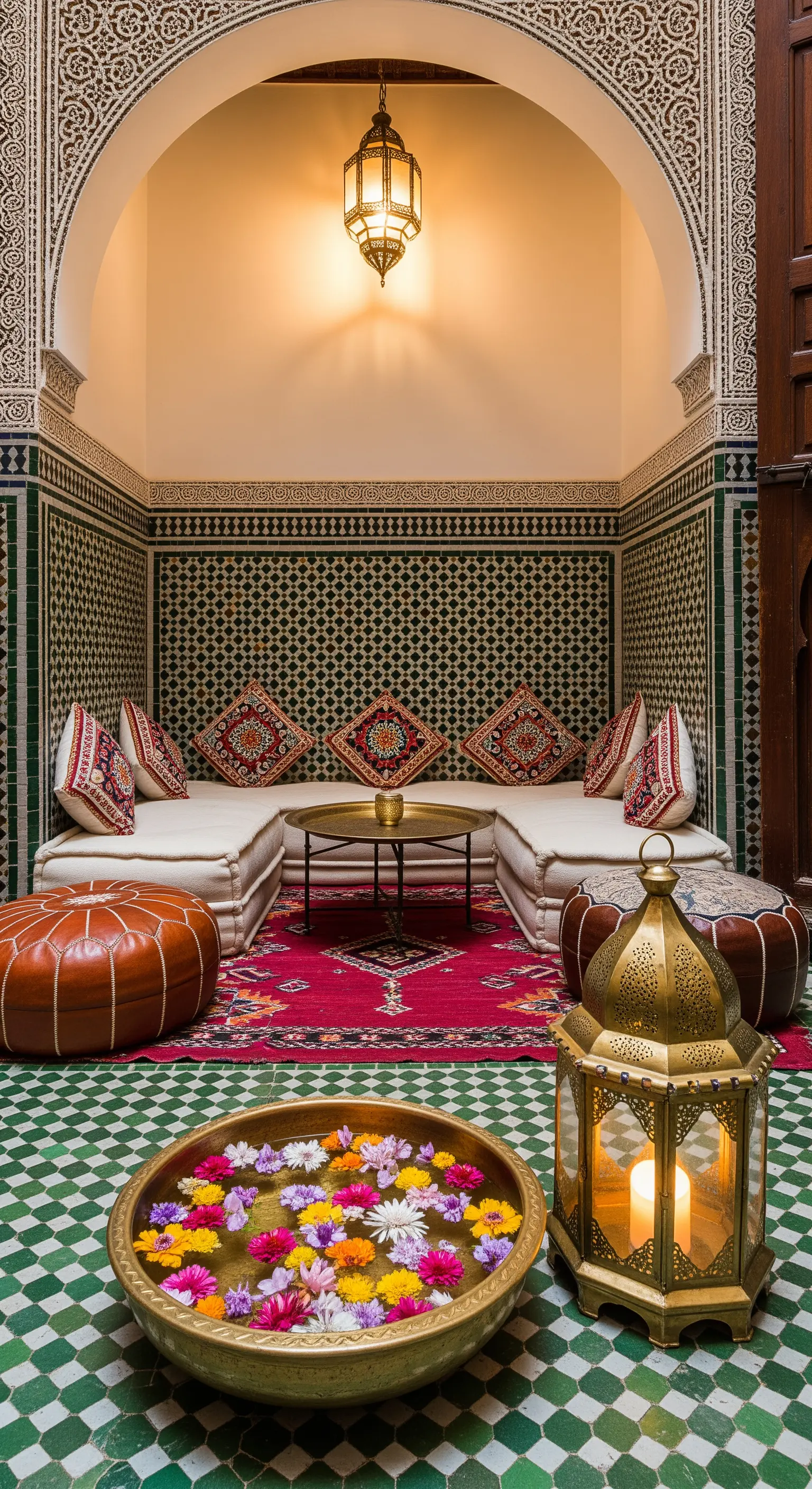 Patio interno marocchino con mosaici, sedute basse, pouf in pelle e una lanterna accesa.