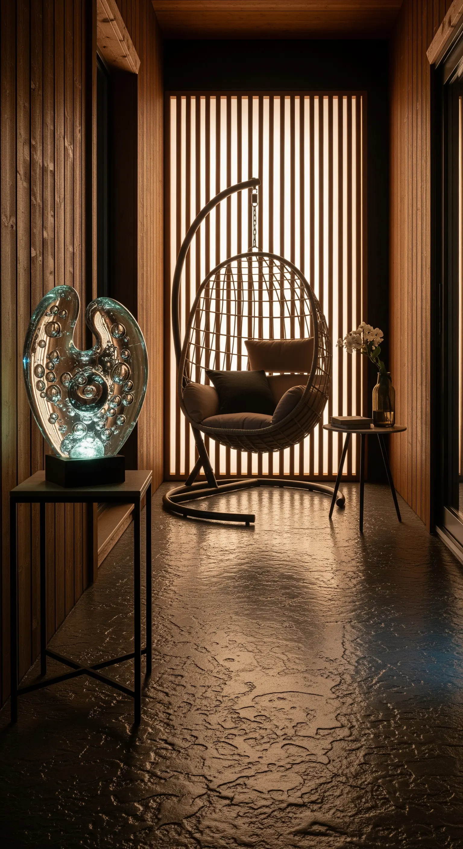 Angolo relax con pavimento scuro, poltrona sospesa e parete in legno retroilluminata.