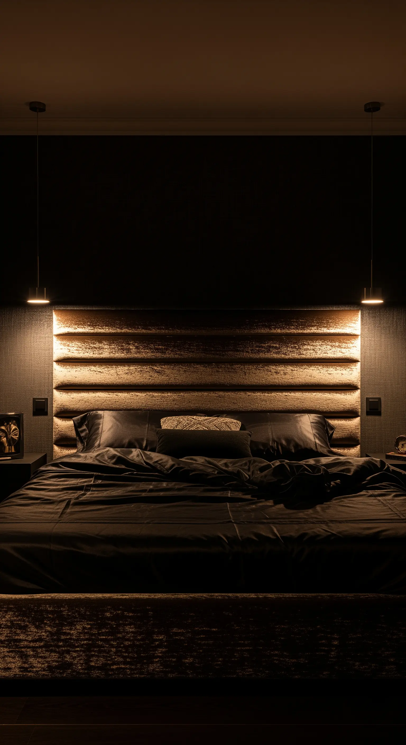 Testiera in velluto scuro con illuminazione a LED integrata dal basso.