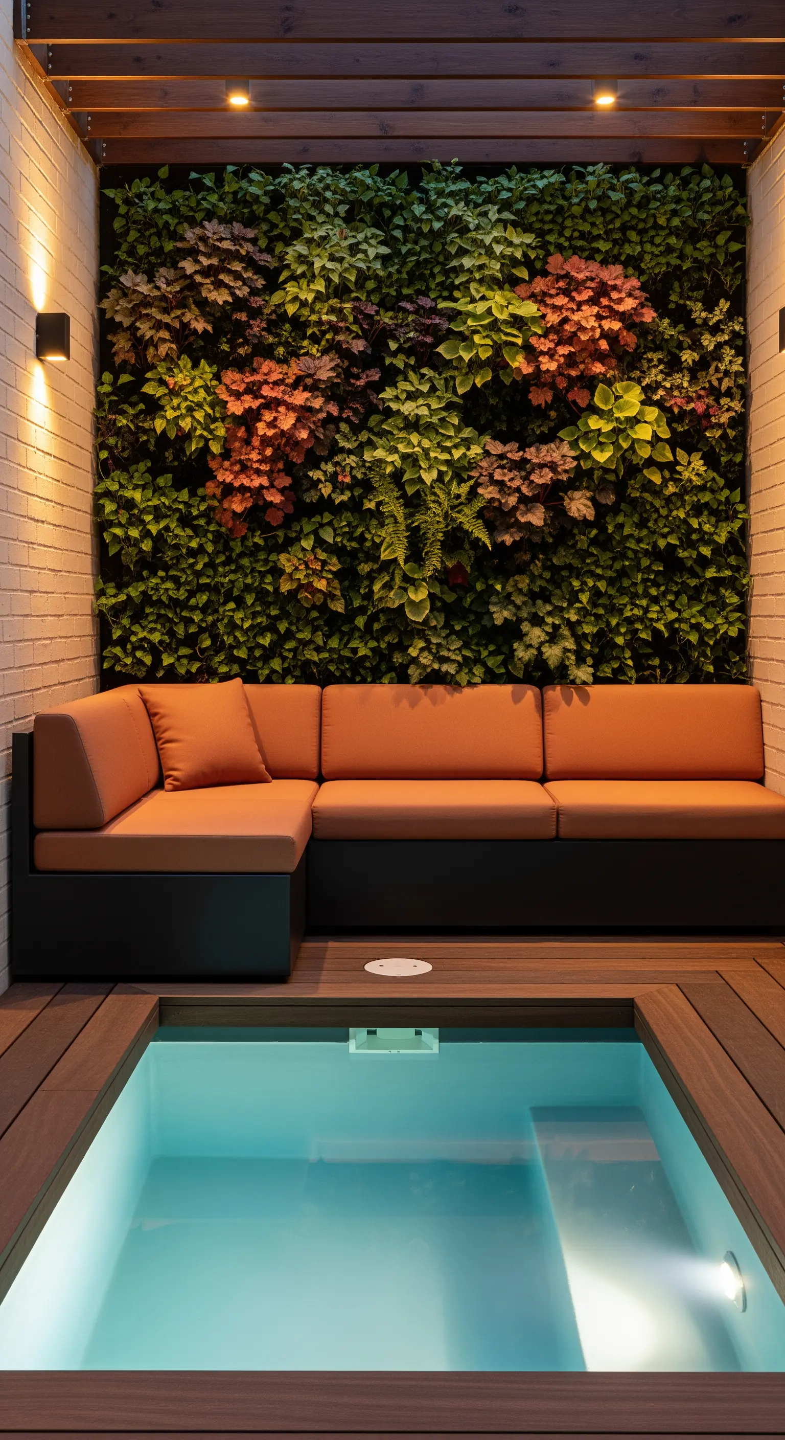 Piccolo patio con piscina, divano color terracotta e parete verde illuminata da faretti.