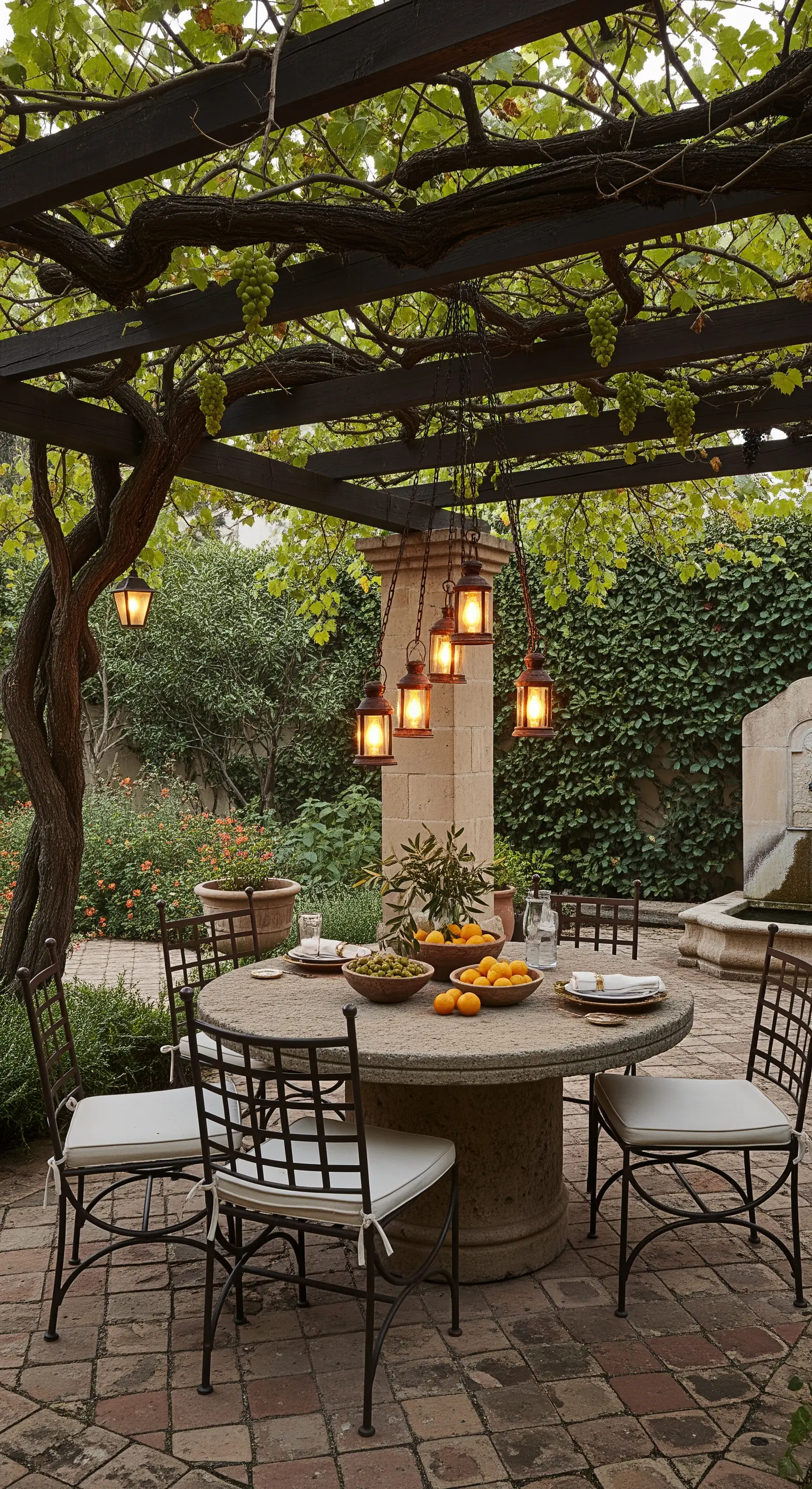 Tavolo rotondo in pietra sotto una pergola con lanterne calde appese.