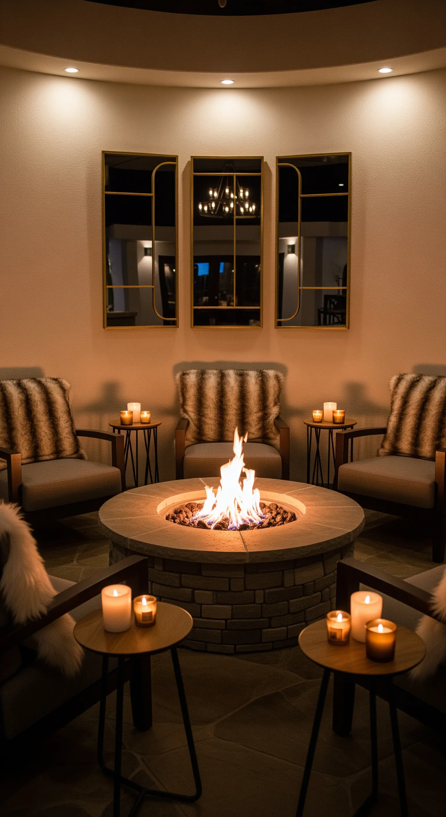 Area relax esterna con braciere centrale, poltrone e un trittico di specchi alla parete.