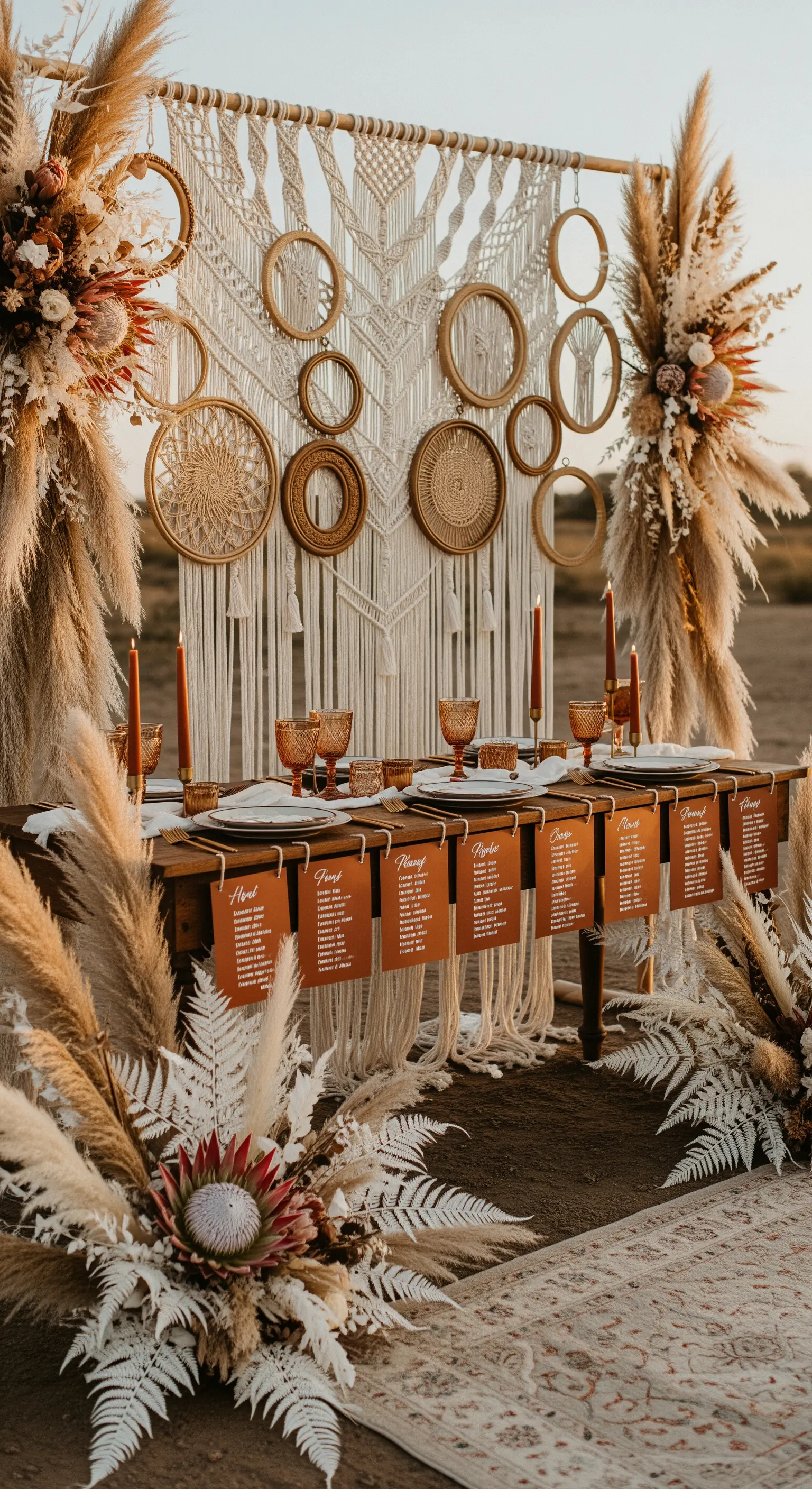 Allestimento boho-chic con tavolo in legno, sfondo in macramè e decorazioni con pampas.