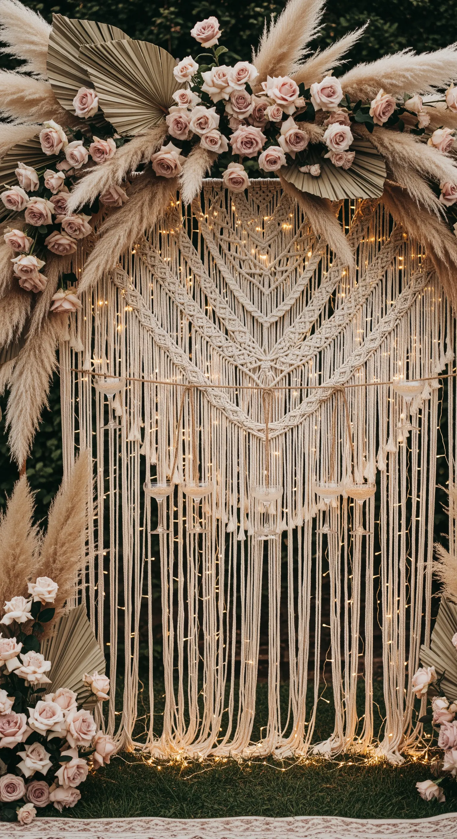 Backdrop in macramè decorato con pampas, rose rosa e micro-luci per un prosecco wall.