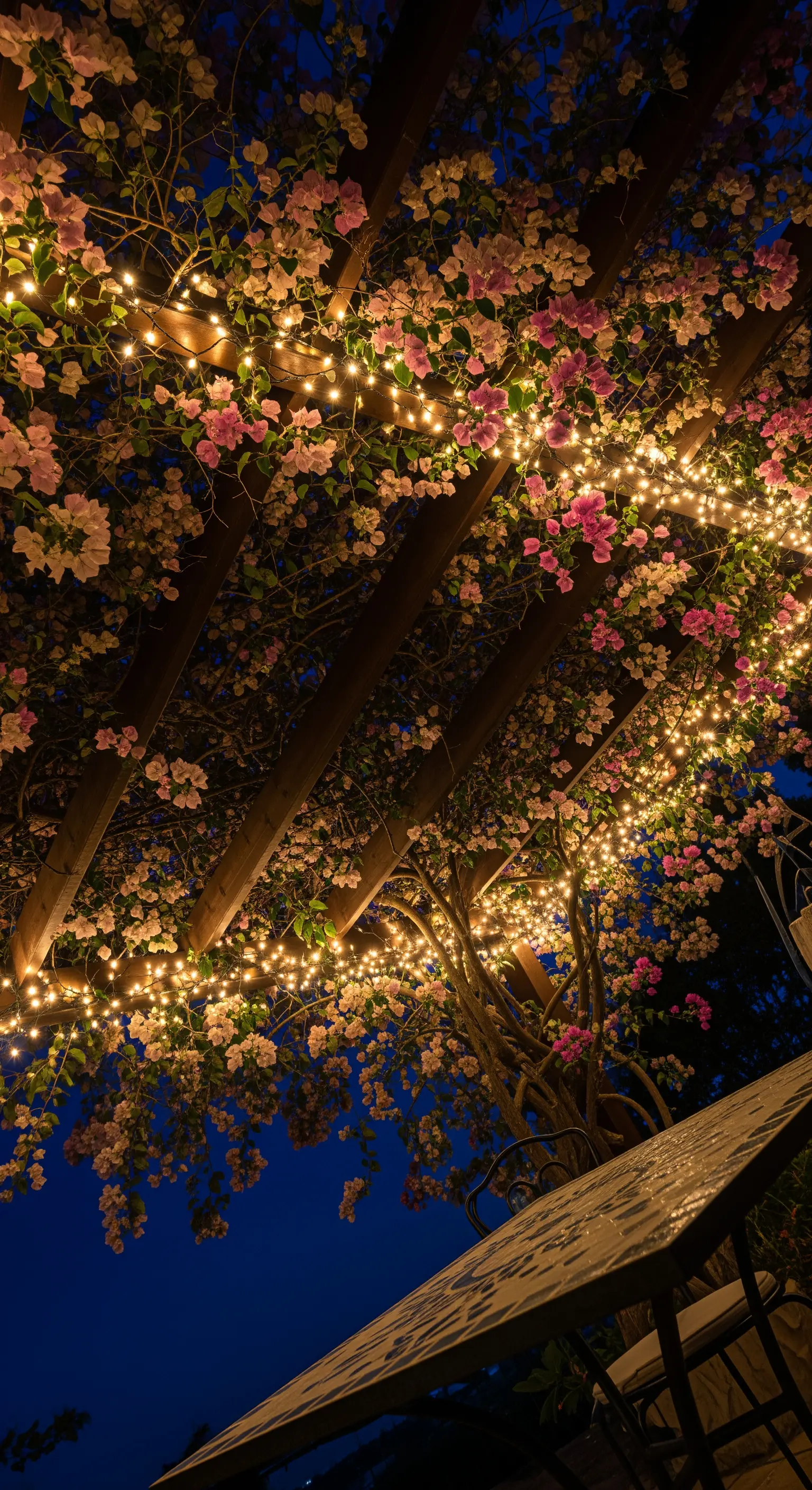 Pergolato in legno con bouganville e lucine a cascata viste dal basso.