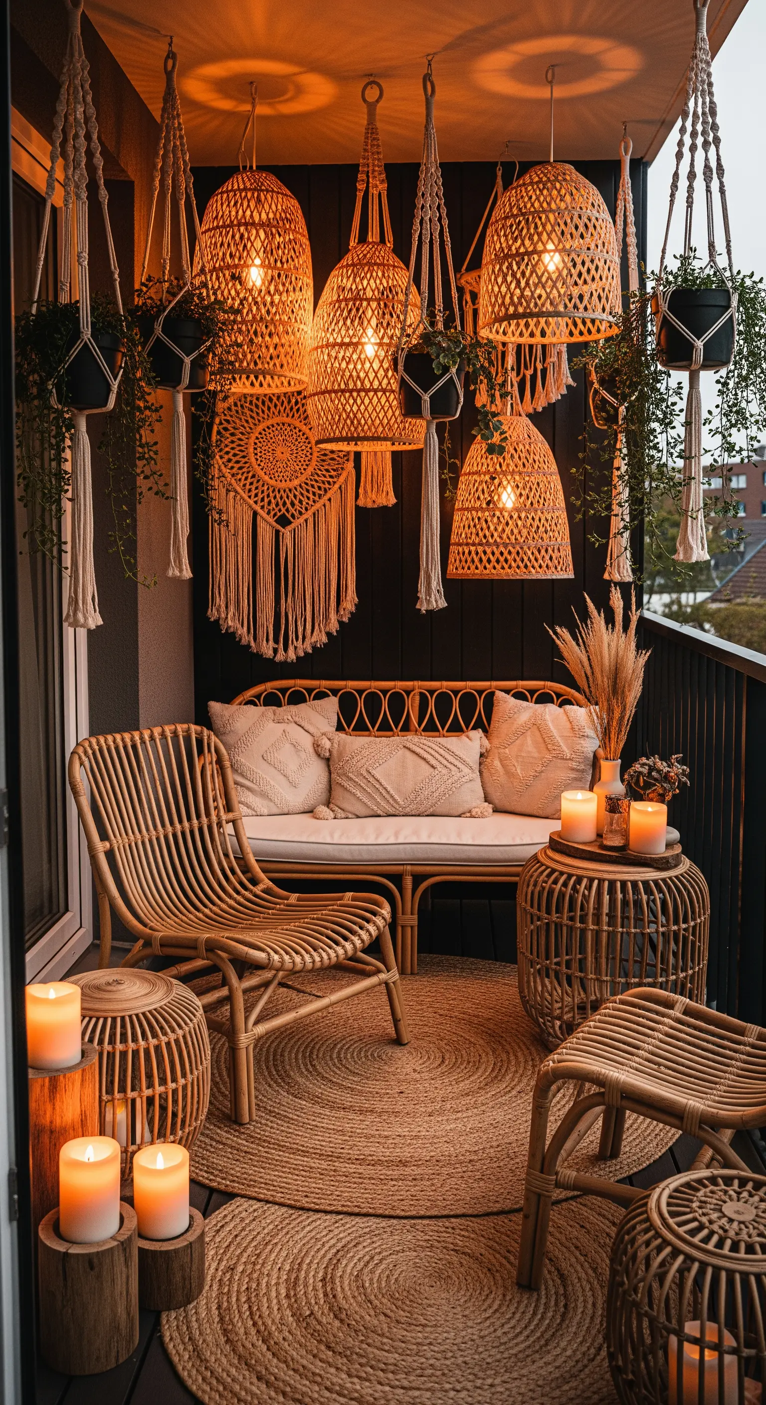 Balcone in stile boho con molte lanterne in rattan e macramè appese al soffitto