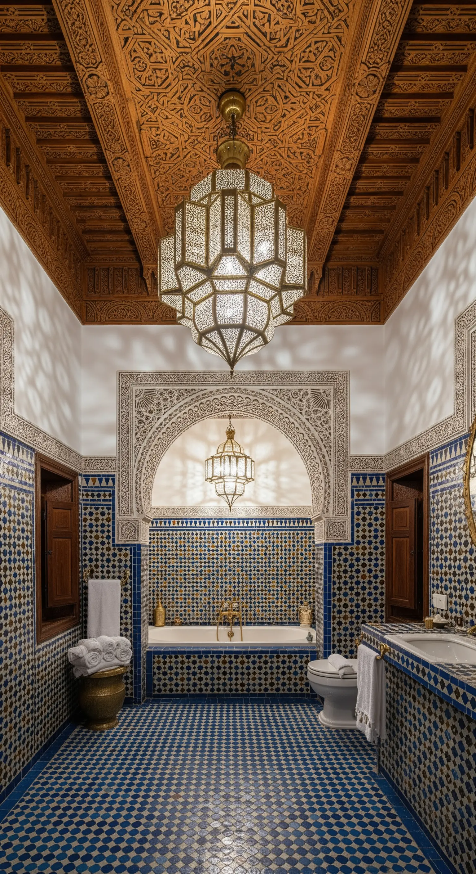 Bagno in stile marocchino con piastrelle zellige blu e una grande lanterna in metallo traforato.