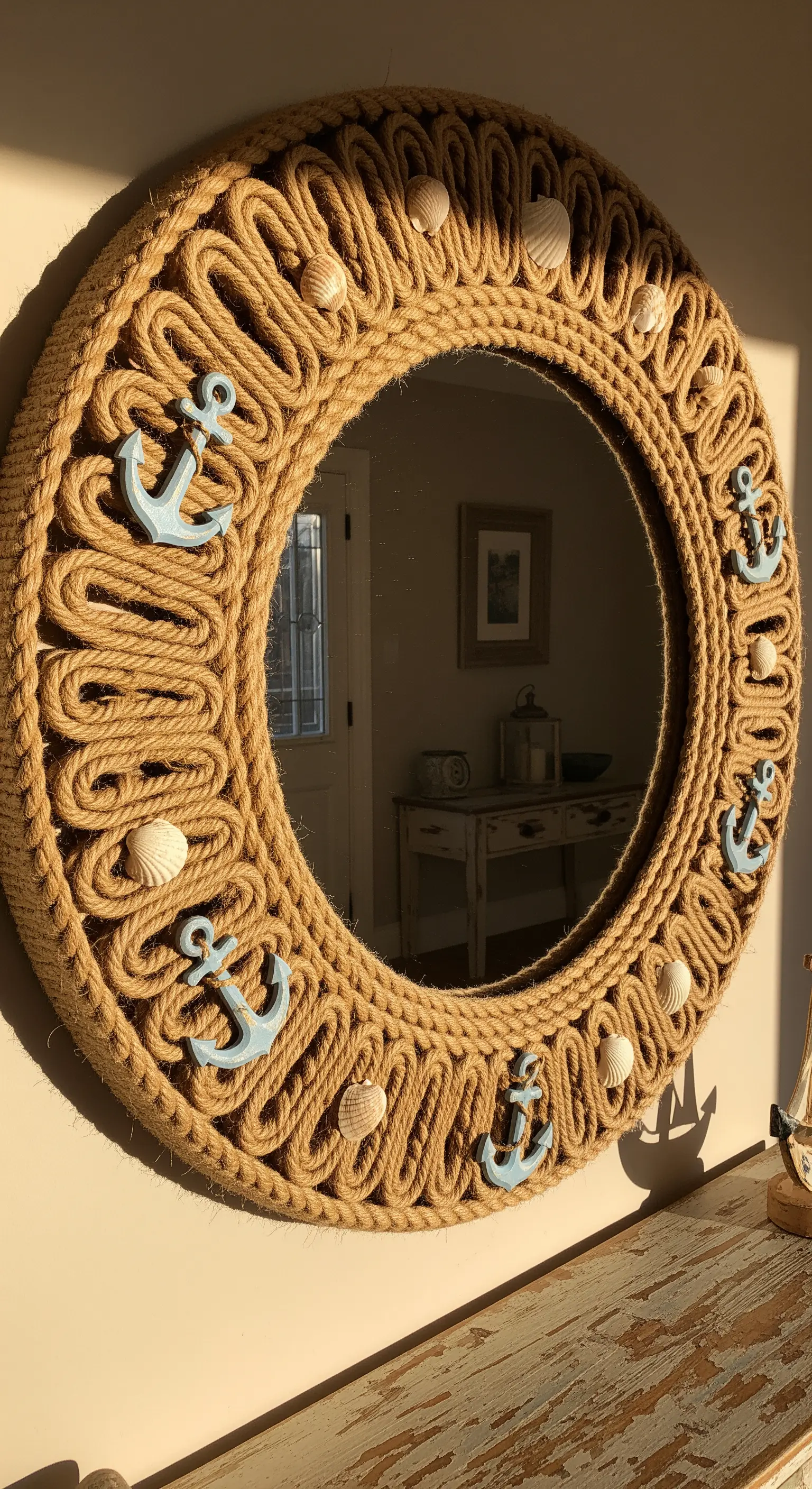 Specchio rotondo con cornice decorata da elaborati intrecci di corda di juta e piccole ancore blu.