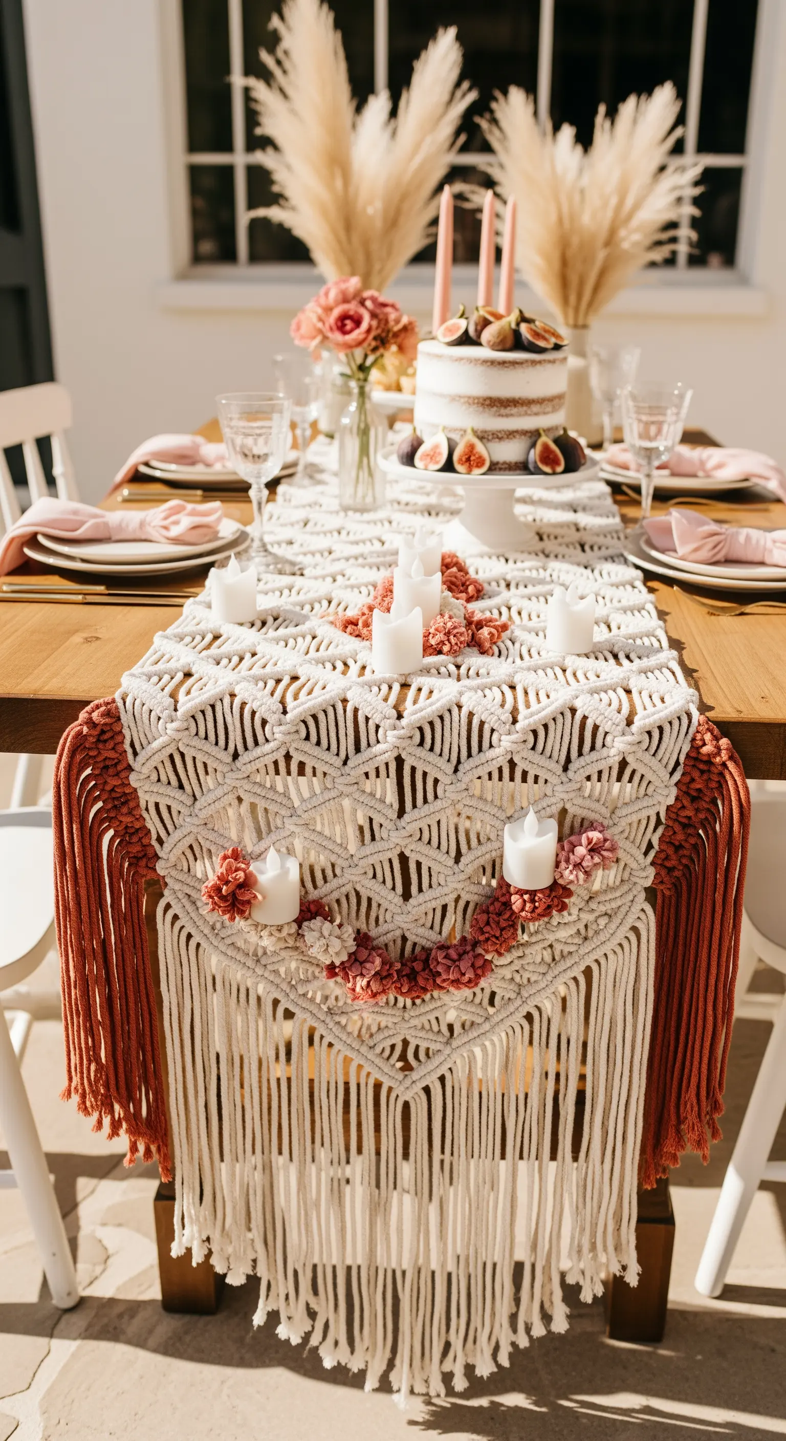 Runner in macramè con candele bianche e fiori rosa secchi per un tavolo bohémien.
