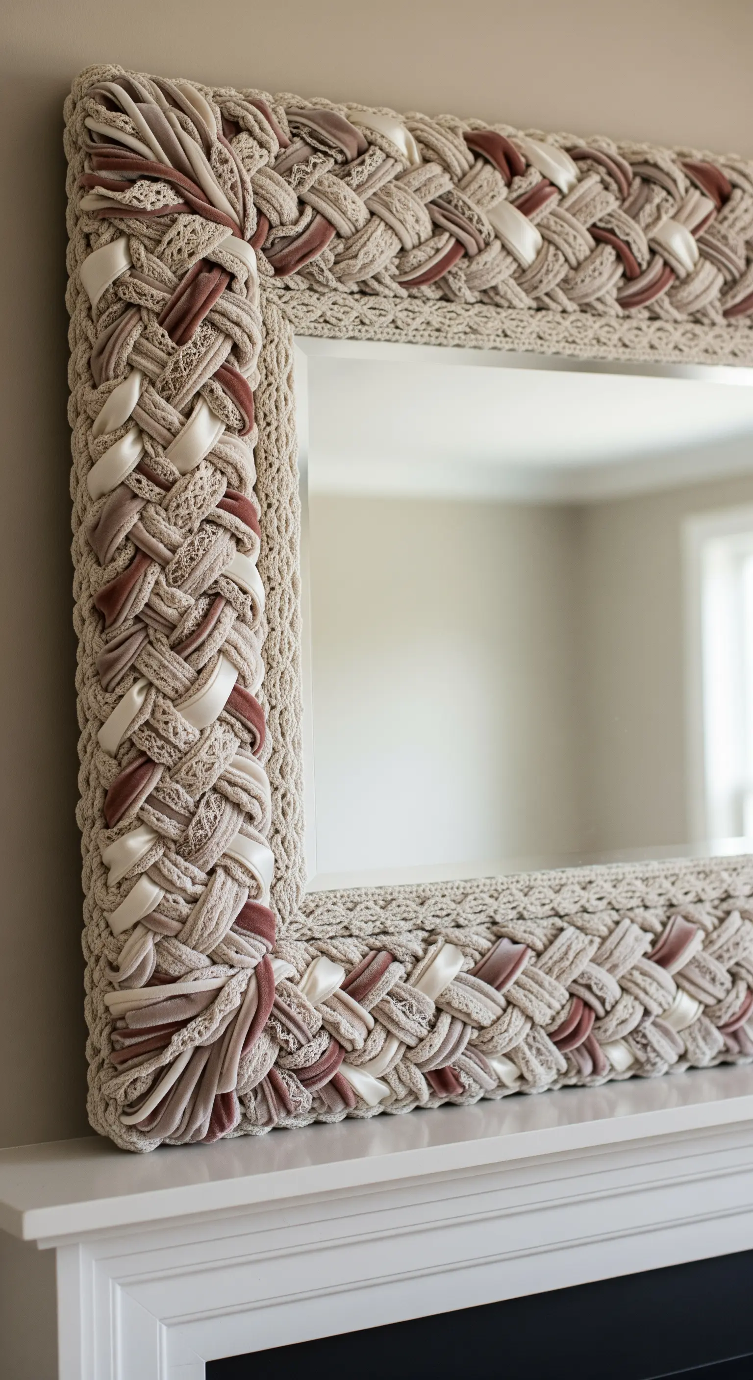 Dettaglio di un angolo di una cornice decorata con un intreccio di tessuti come velluto e raso.