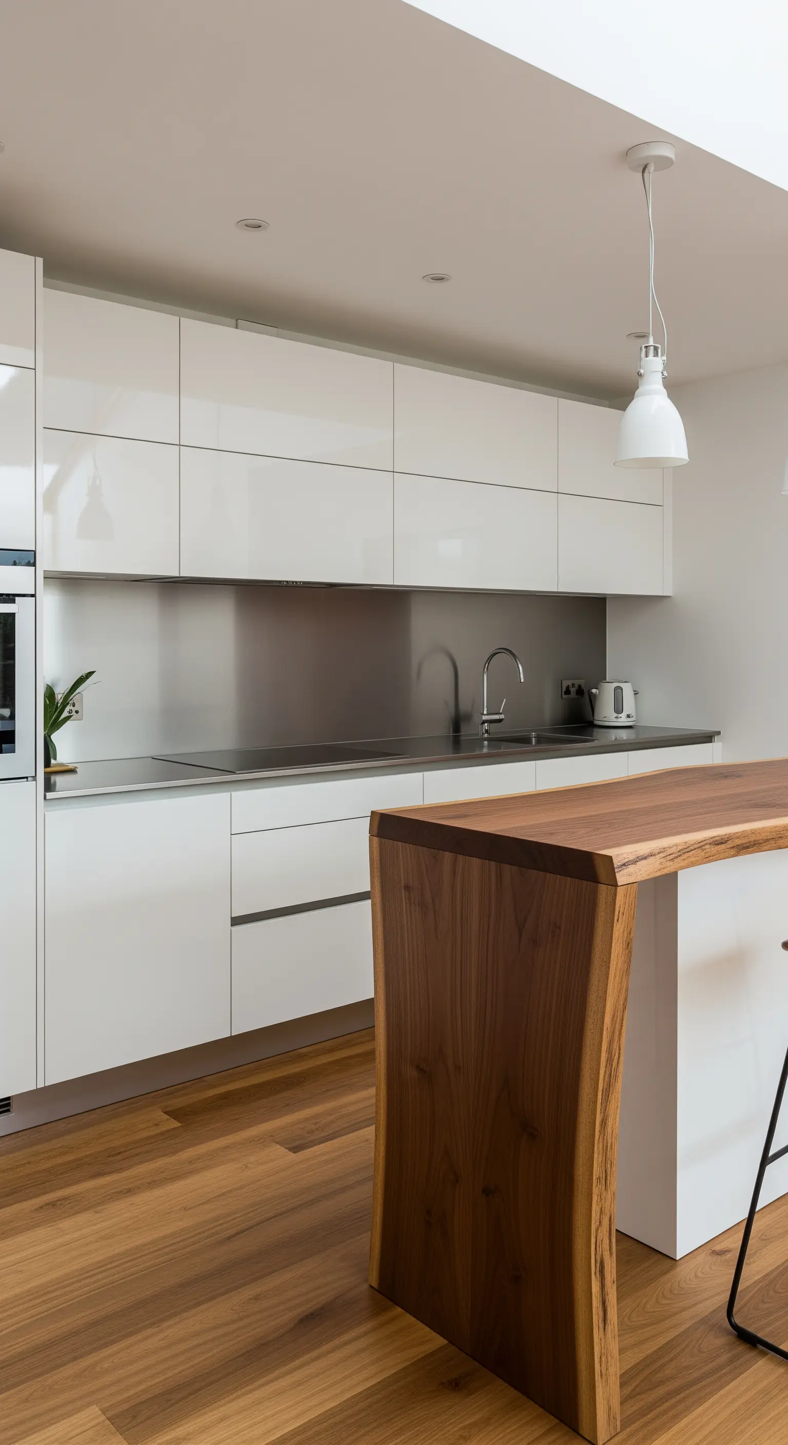 Cucina bianca e acciaio con un bancone snack in legno massello con bordo naturale.