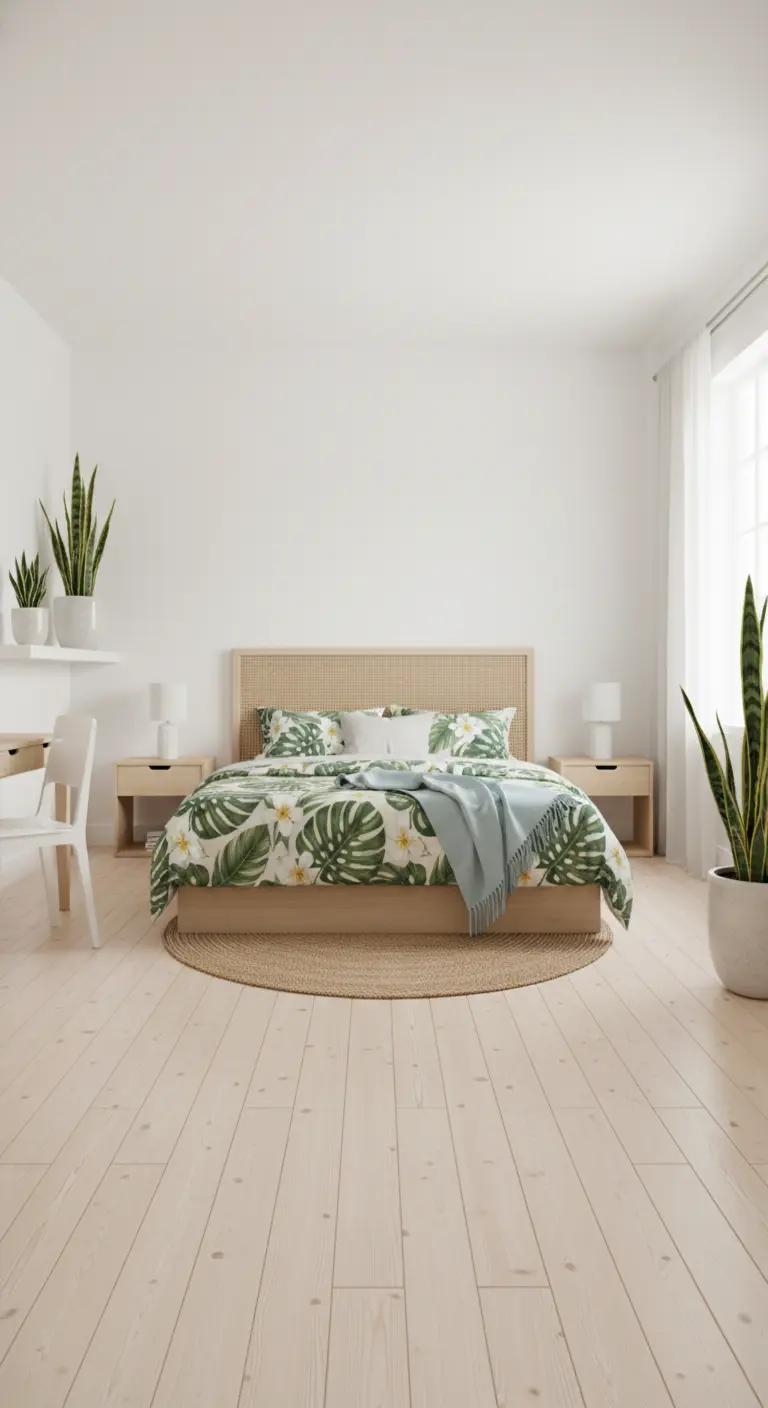 Camera da letto bianca e minimalista con biancheria da letto a tema foglie tropicali.