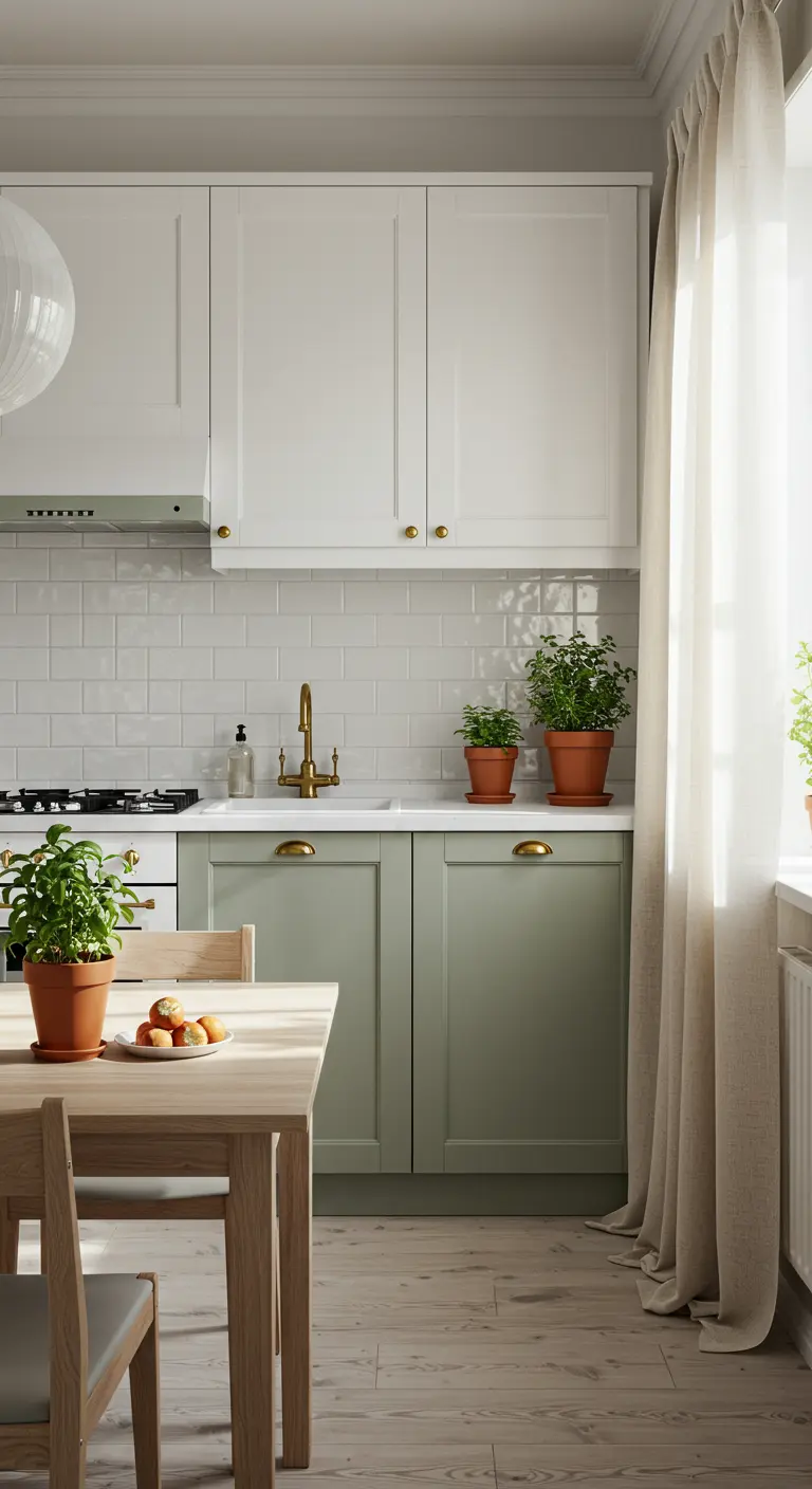 Cucina con basi verde salvia, pensili bianchi e dettagli in ottone.