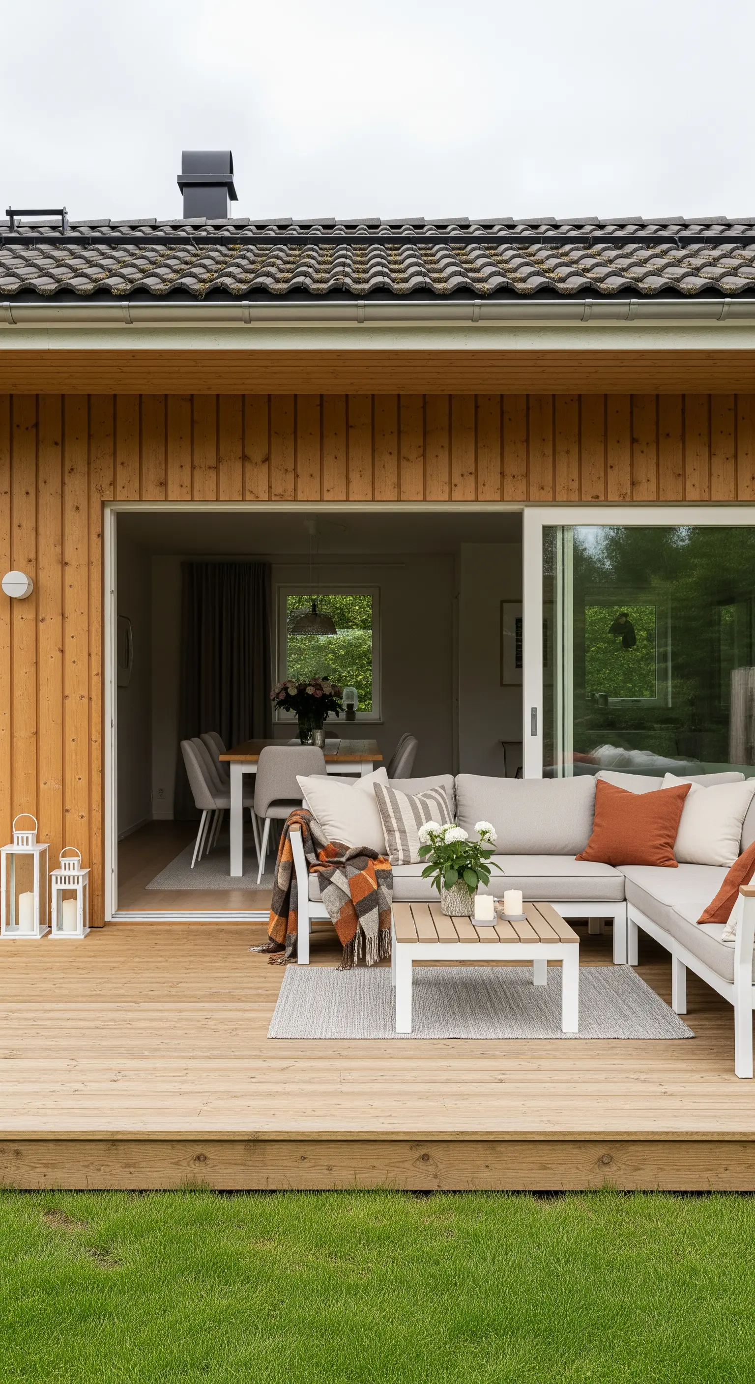 Salotto outdoor su deck in legno con divano grigio, tappeto e cuscini color terracotta.