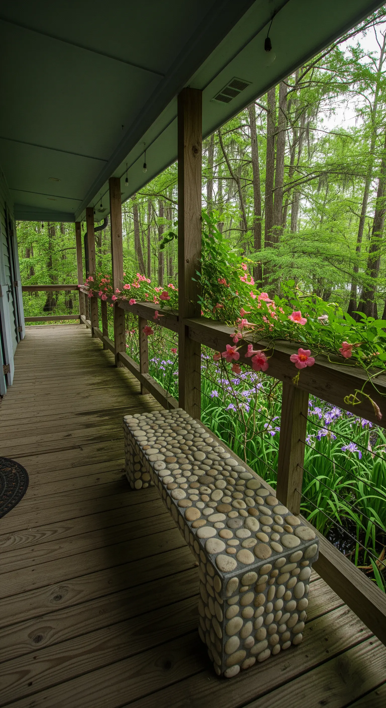 Panca da esterno interamente ricoperta di ciottoli di fiume levigati, su un portico in legno.