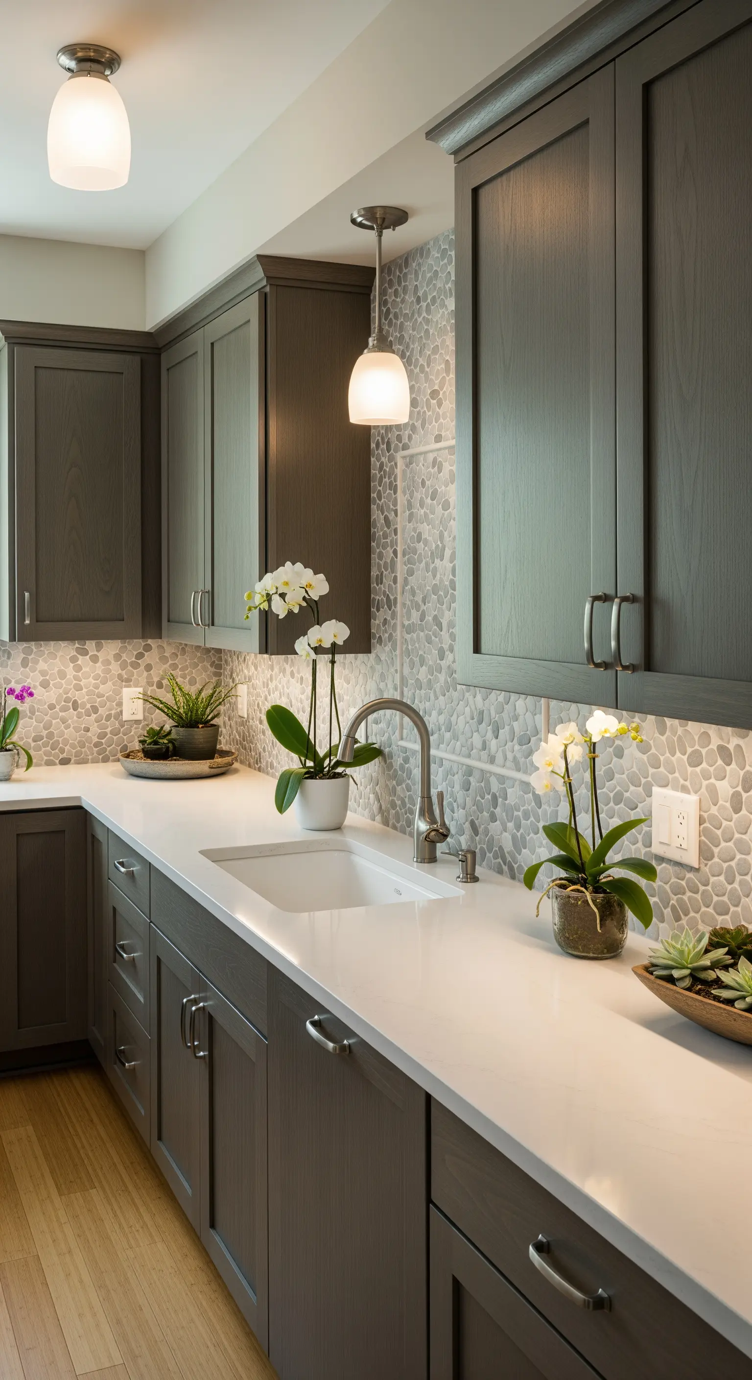 Cucina con mobili grigio scuro e un paraschizzi in mosaico di ciottoli grigi.