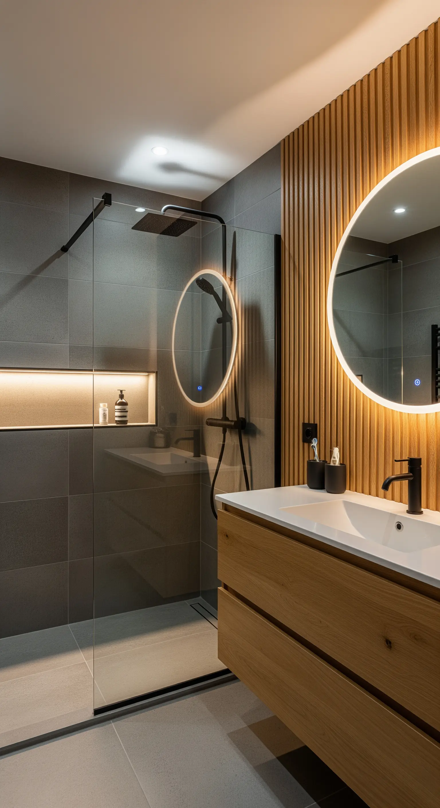 Mobile lavabo in legno con parete a listelli verticali e specchio rotondo retroilluminato.