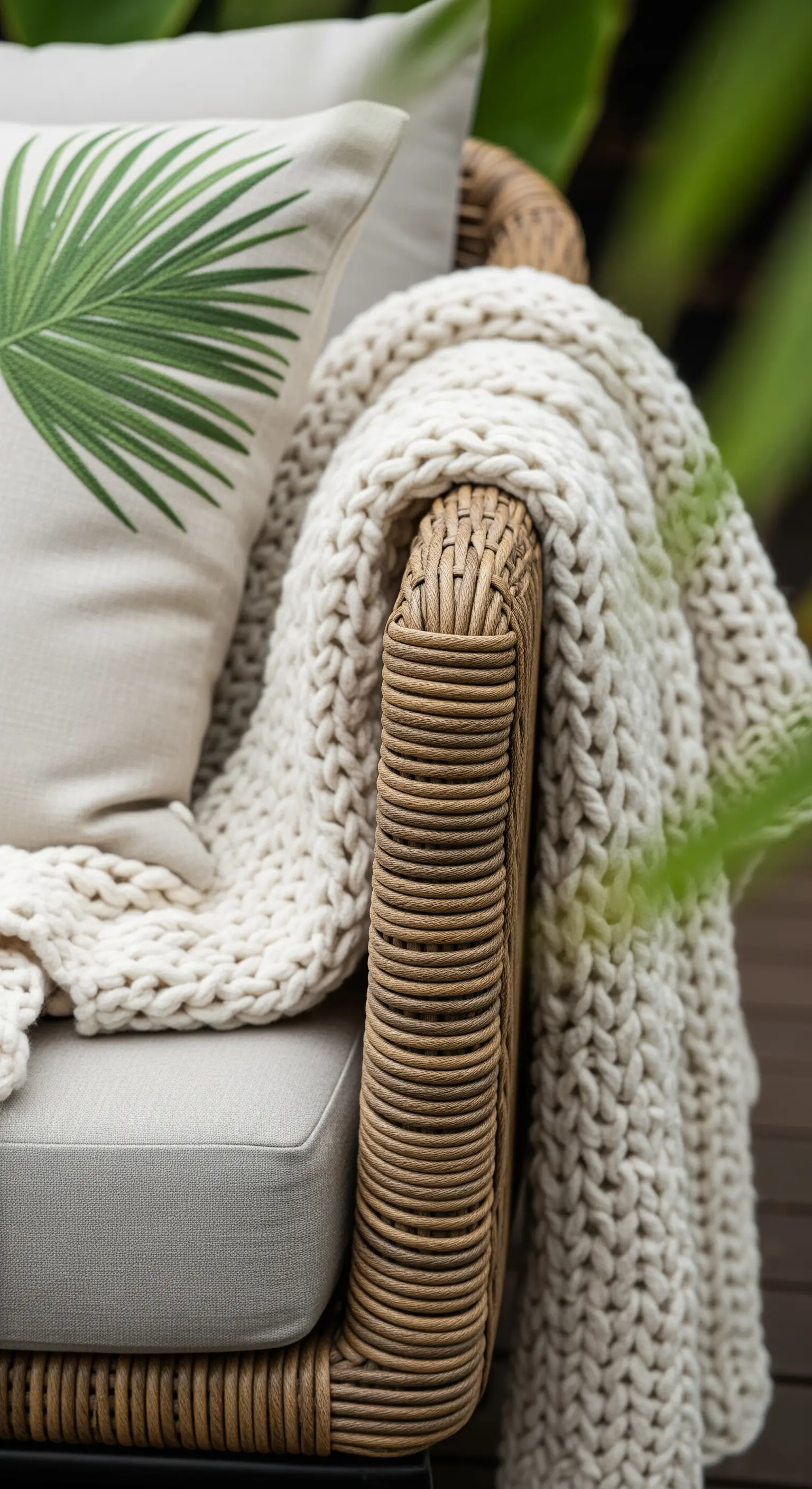 Dettaglio di una poltrona in rattan con coperta a maglia grossa e cuscino a foglia di palma.