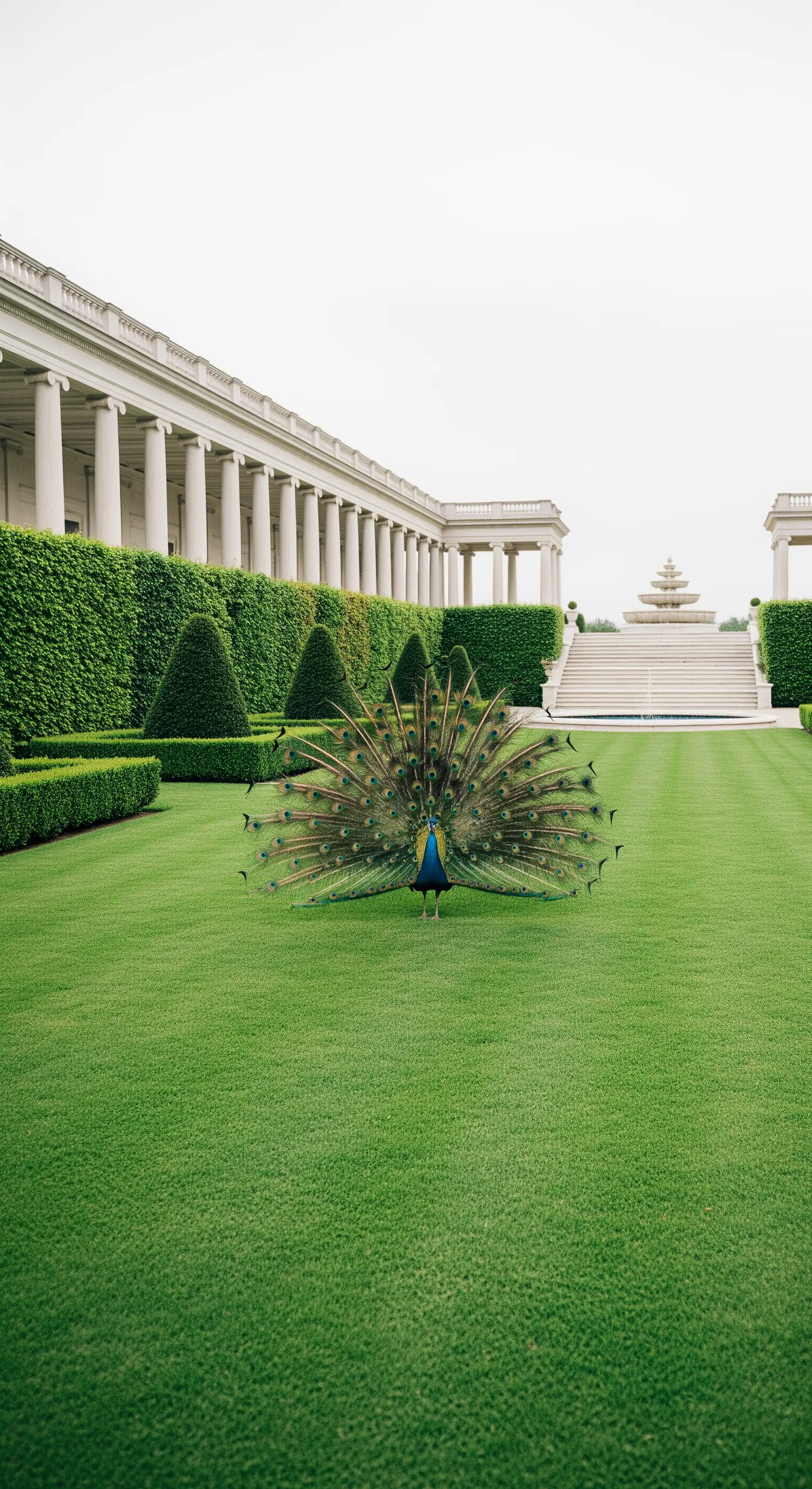 Pavone con la ruota aperta su un prato impeccabile di un giardino classico.
