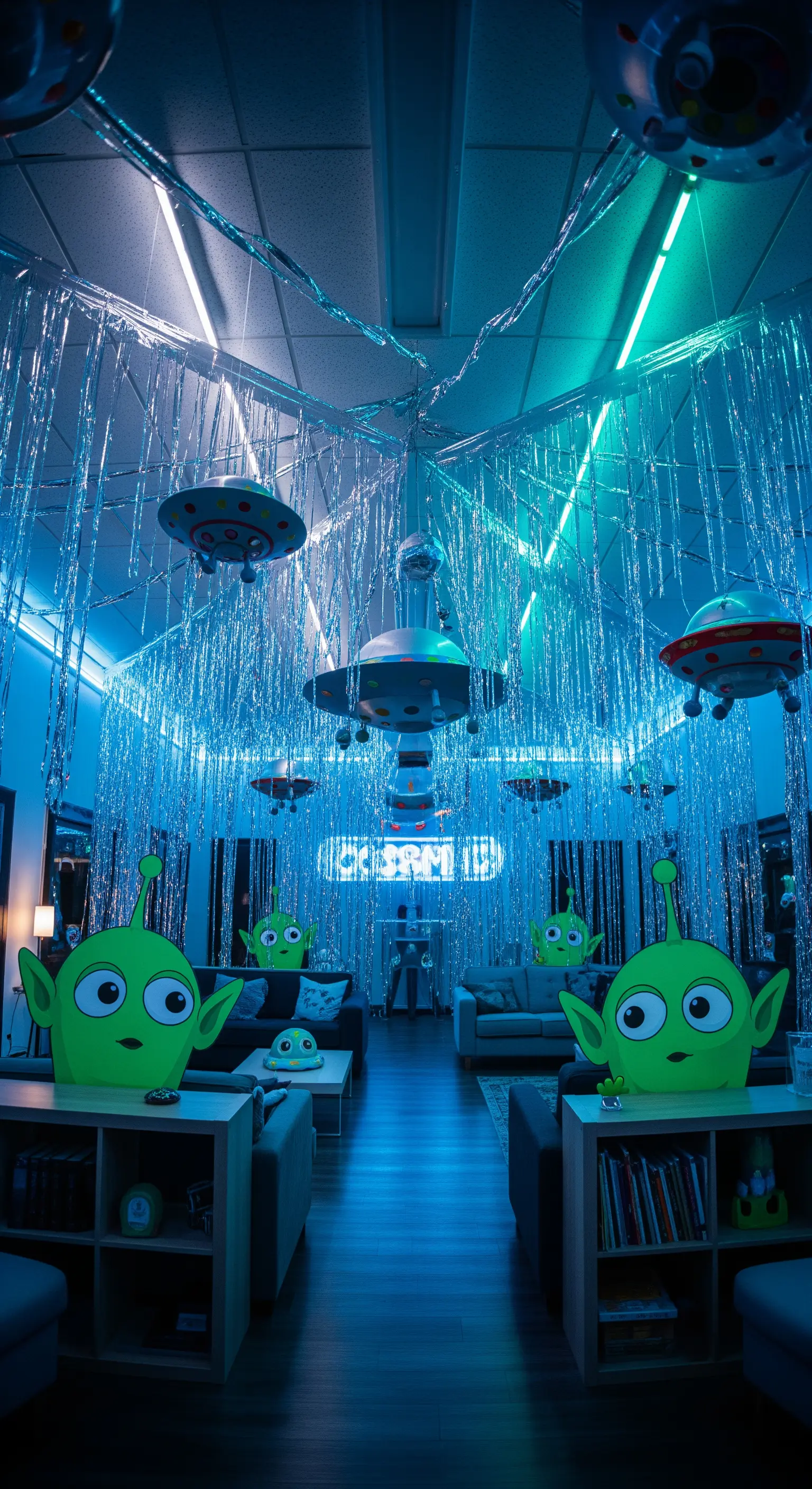 Allestimento a tema alieno con luci blu, tende argentate e decorazioni a forma di UFO.